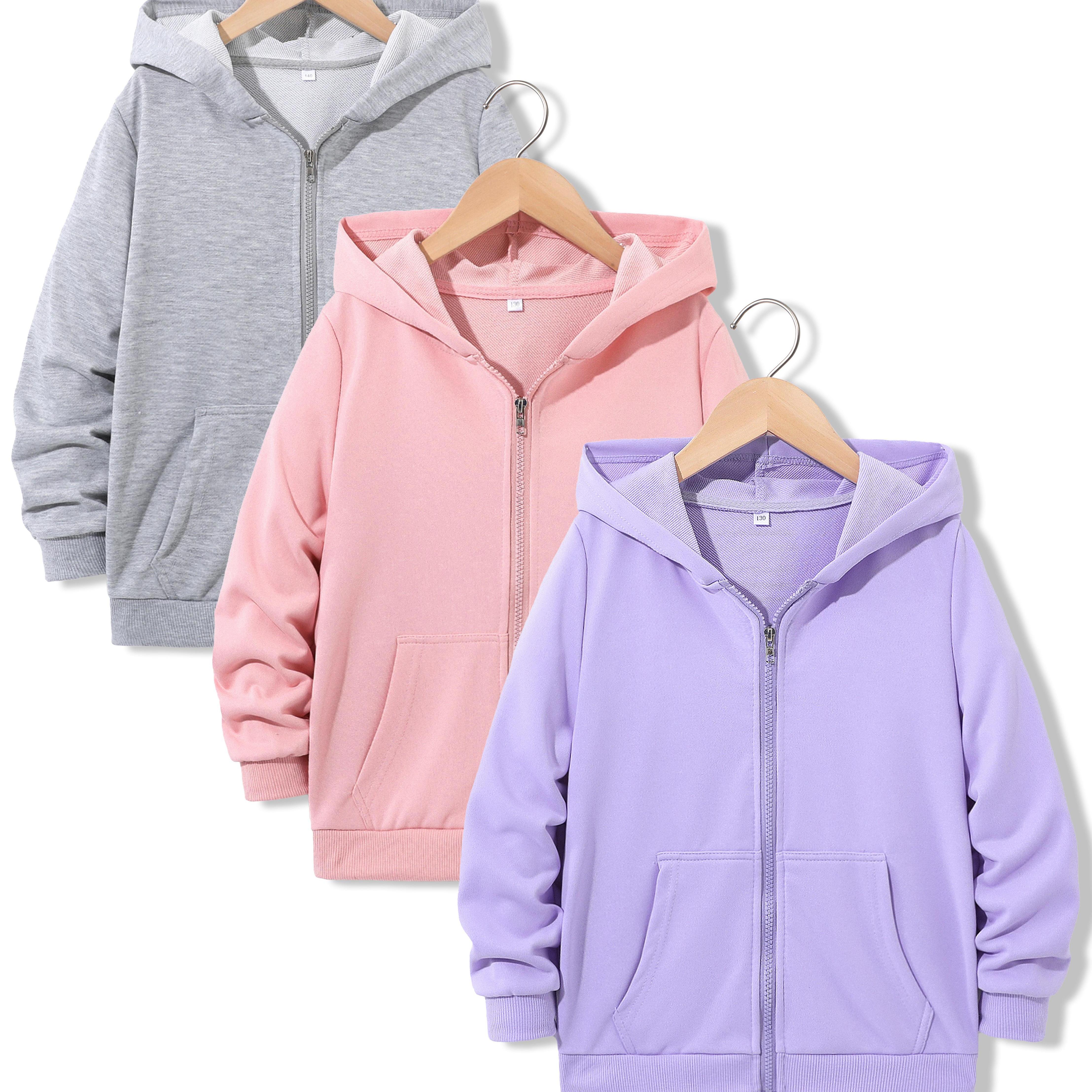 

3pcs Kid's Spring & Fall Hooded Jacket, Solid Color Zipper Hoodie, Girl's Clothing
