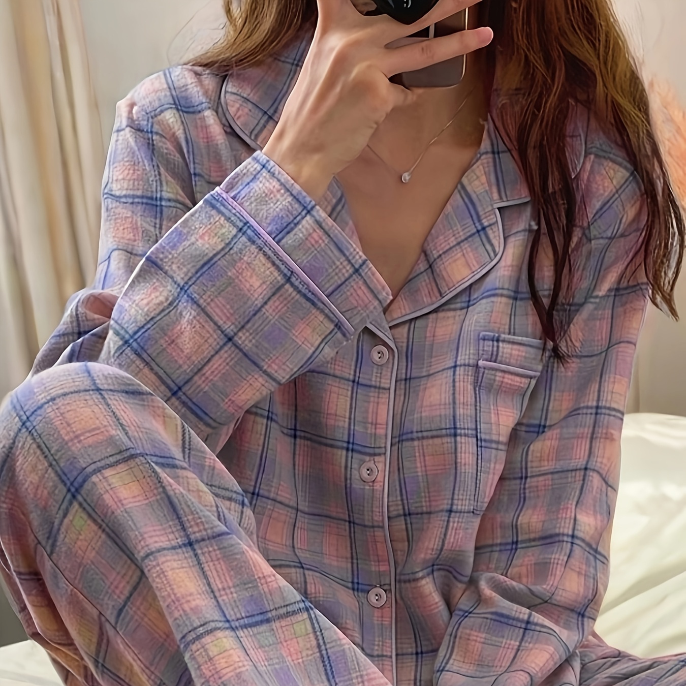 

Classic Two-piece Pajama Set - Soft Long-sleeved Lapel Top With Pockets, Elasticated Trousers - Easy And Comfortable Fall And Pajamas