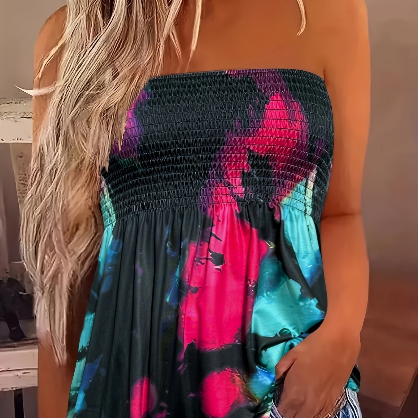 

Plus Size Tie Dye Print Tube Top, Casual Shirring Strapless Top For Summer, Women's Plus Size clothing