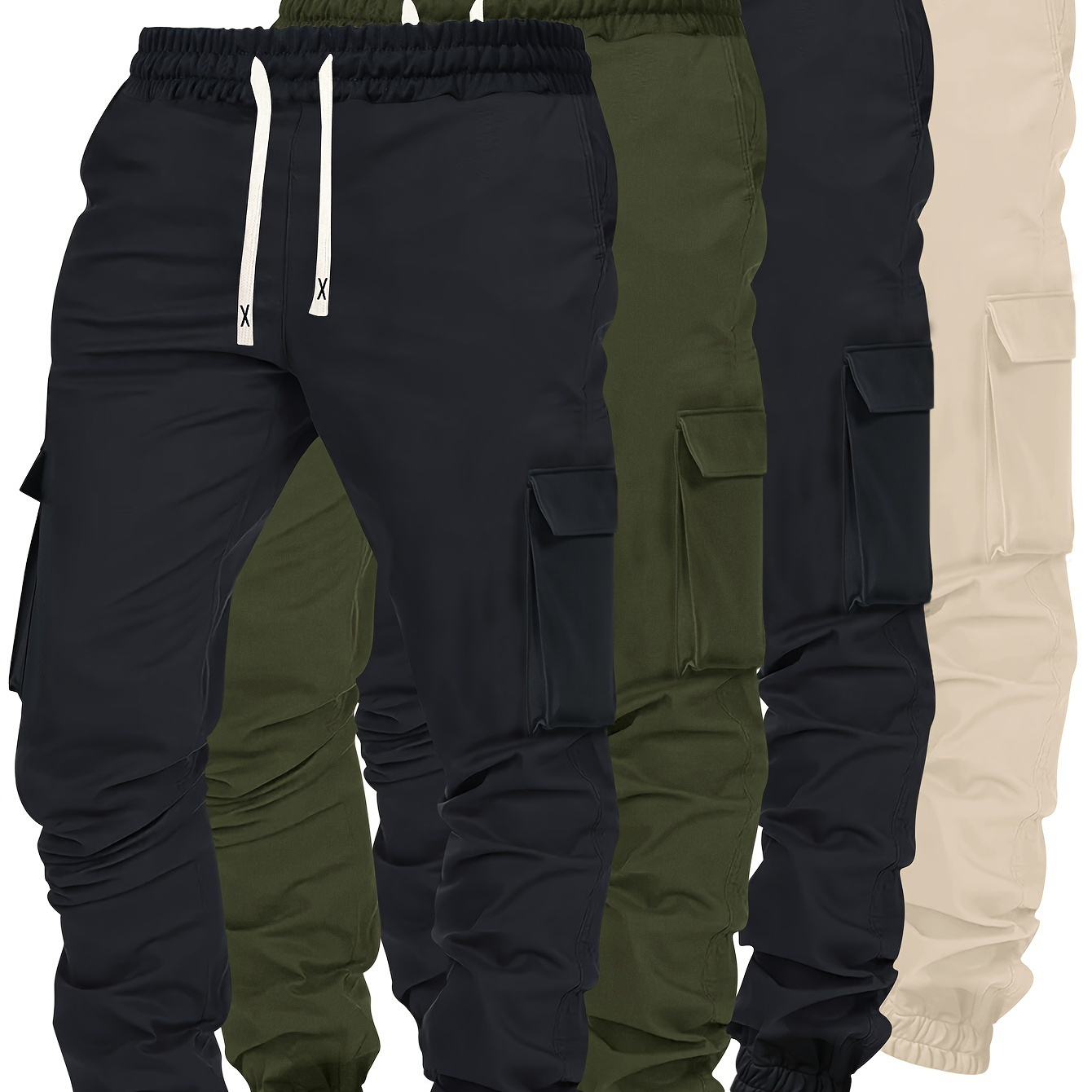 

4 Pack Cuffed Cargo Pants With Drawstring And Pockets In Solid Color, Loose Fit And Comfortable For Casual Wear And Sports