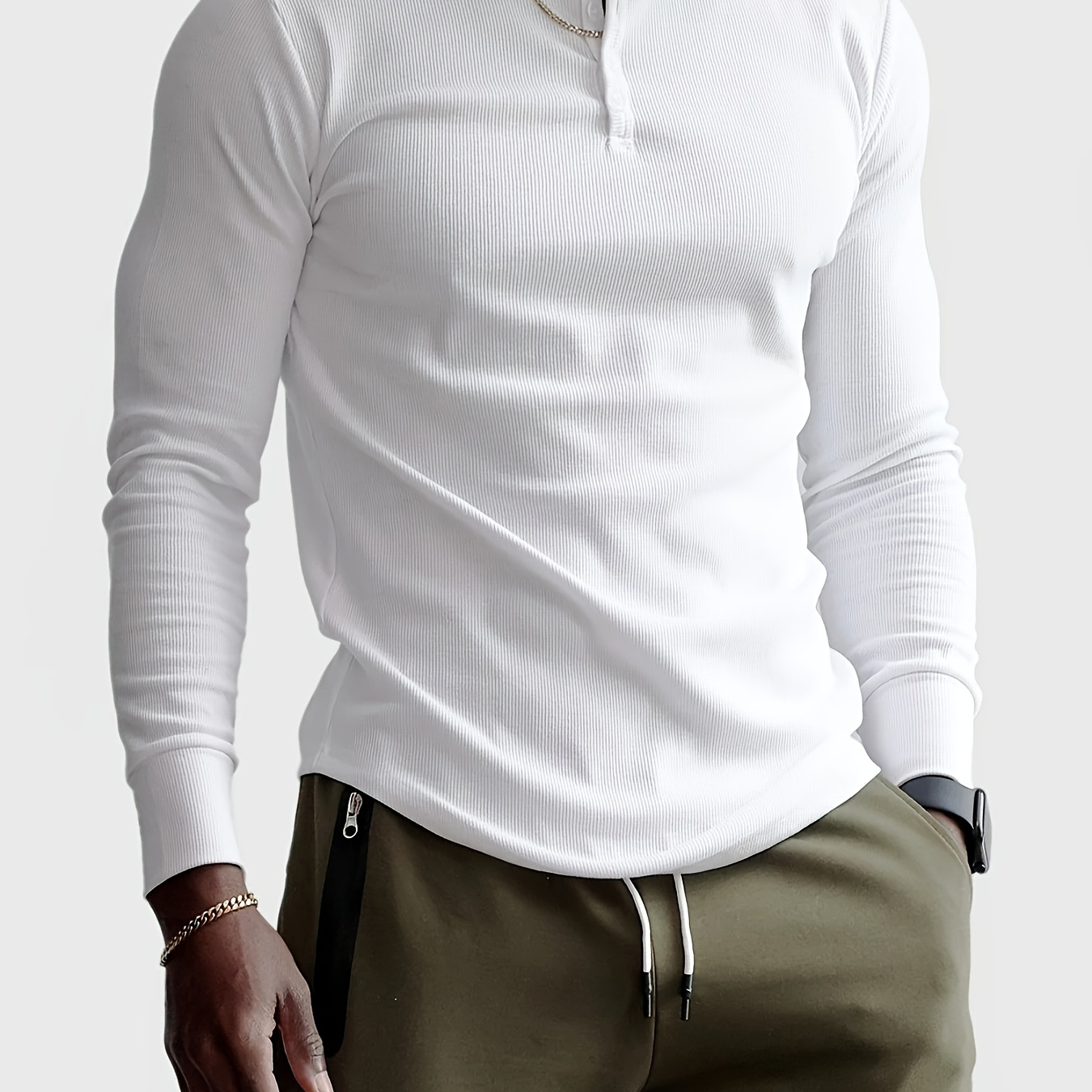 

1pc Men's Ribbed Henley Shirt, Long Sleeve Sports Slim Fit Top With Button Detail, Polyester Stretch Fabric For Training And Fitness, Solid Color, Spring/autumn