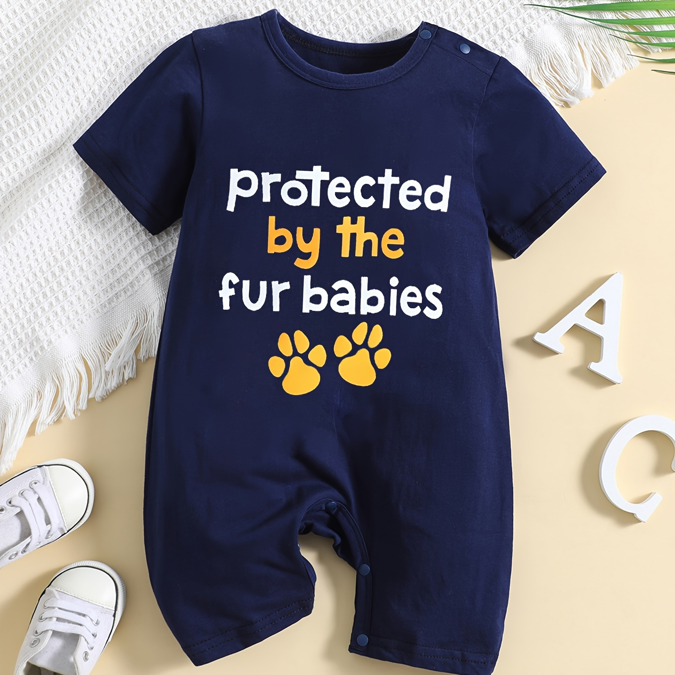

Baby Boy's "protected By The Fur Babies" Print Bodysuit, Comfy Short Sleeve Onesie, Infant's Clothing, As Gift