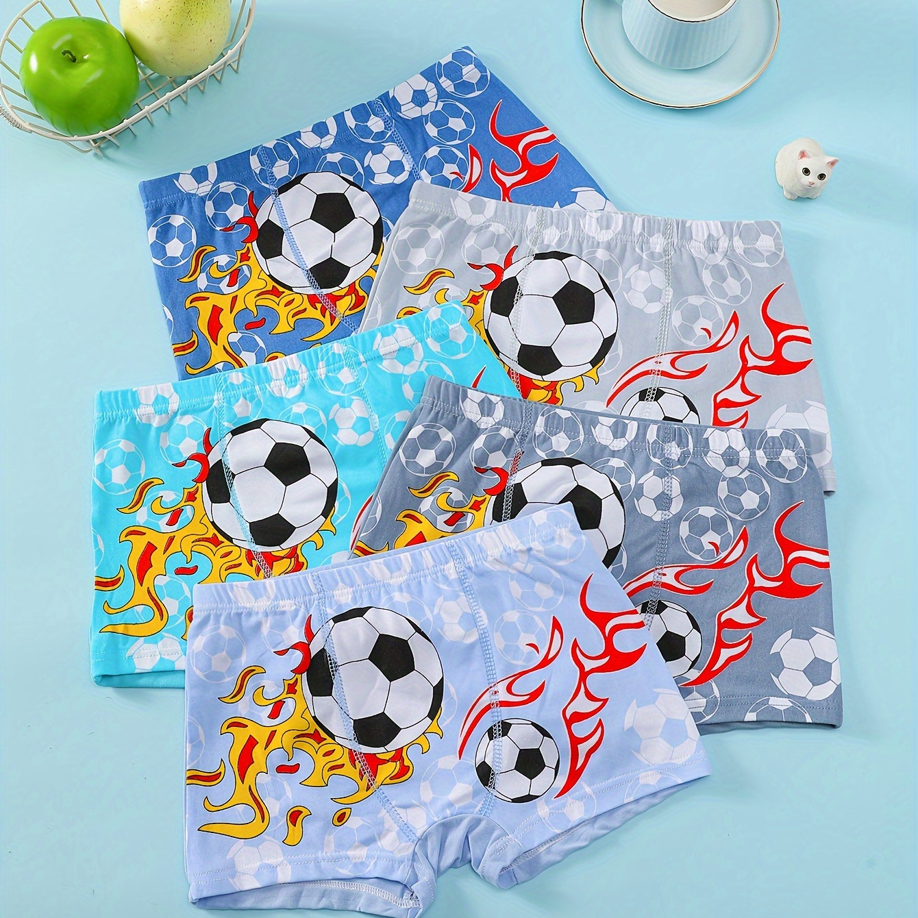 

5 Pcs Boys' Mixed Color Cartoon Football Print Briefs, Casual, Comfortable And Breathable Boys' Boxers For Daily Wearing