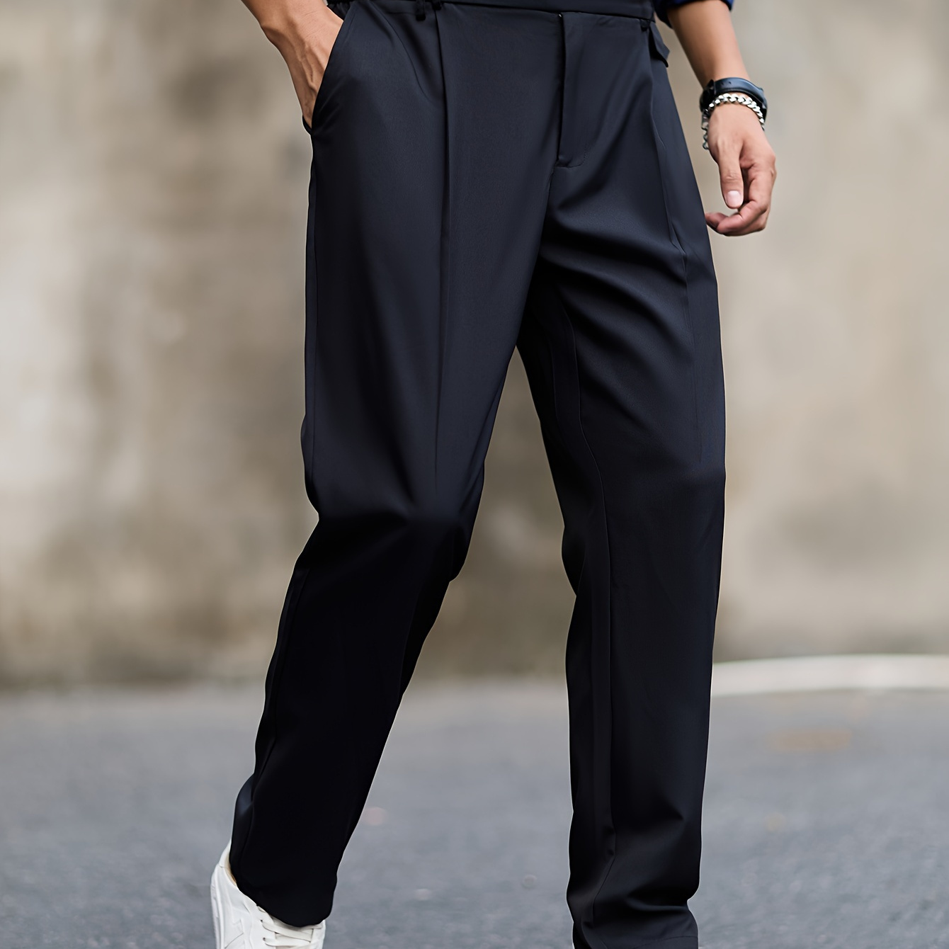 

Men's Slim-fit Casual Dress Pants - Lightweight, Polyester, Solid Color With Button Detail, All , Half-calf, Fashion