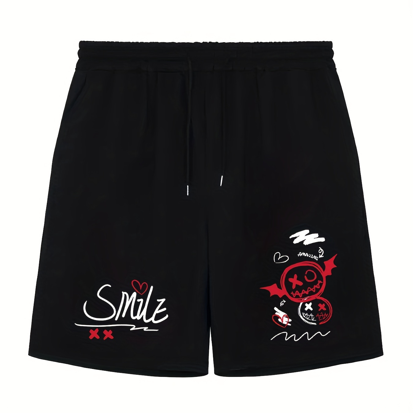 

Smiling Face Pattern Comfy Shorts With Slant Pocket, Men's Casual Stretch Waist Drawstring Shorts For Summer Basketball Beach Resort