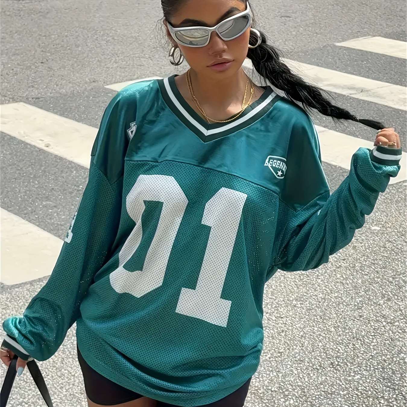 Women's Casual Football Jersey T-Shirt with Bold '11' Number & Letter Print, Teal & White Pop Art Design, Breathable Fabric for Back-to, s & Casual Attire - Machine Washable, Seasonal Fashion, y Style, Lightweight Material, Top, Fashion Lovers, Back to Outfit, Comfortable Fit, Printed Tee, Lifestyle