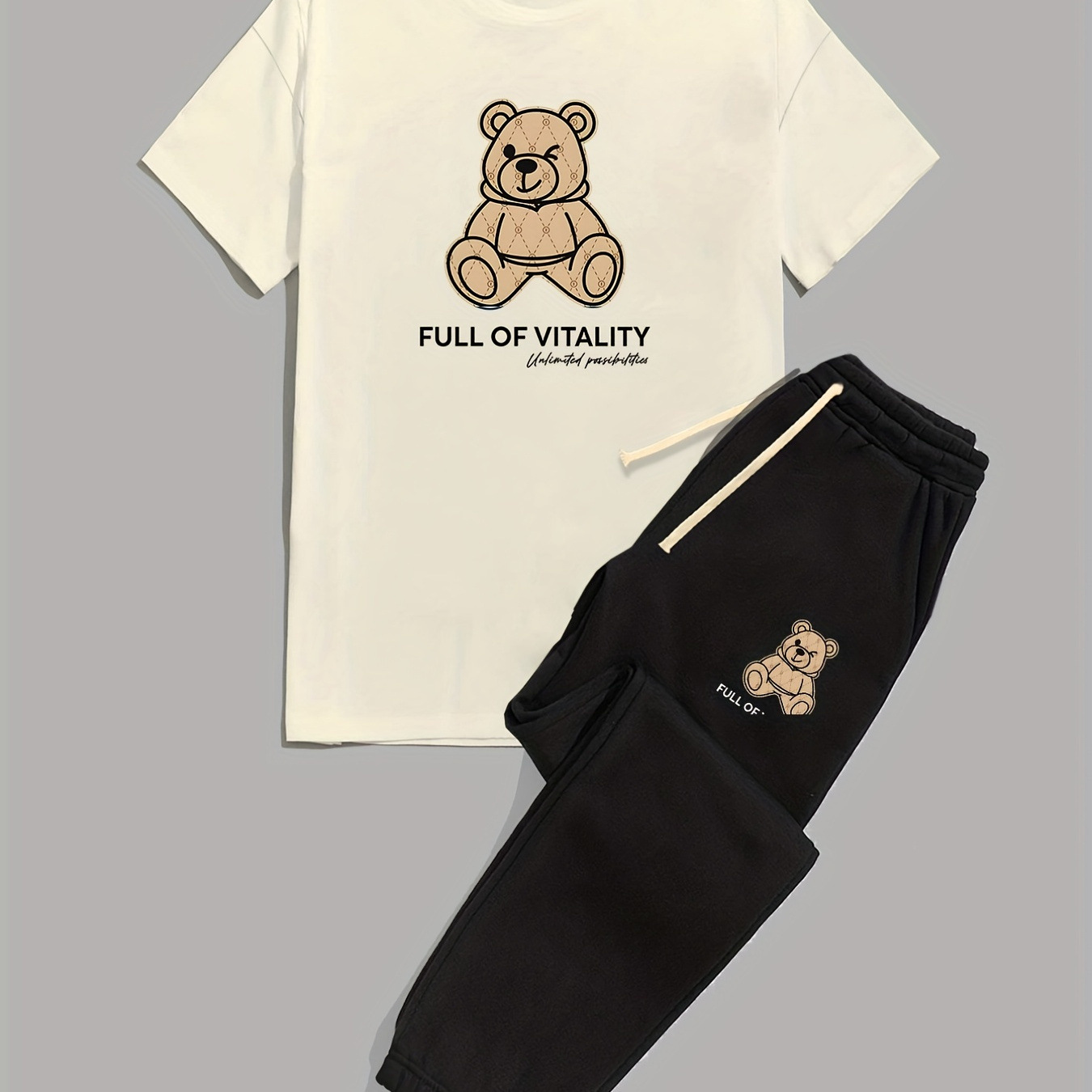 

Men's Casual Trendy Cute Bear T-shirt & Drawstrings Sweatpants Set For Summer Holiday