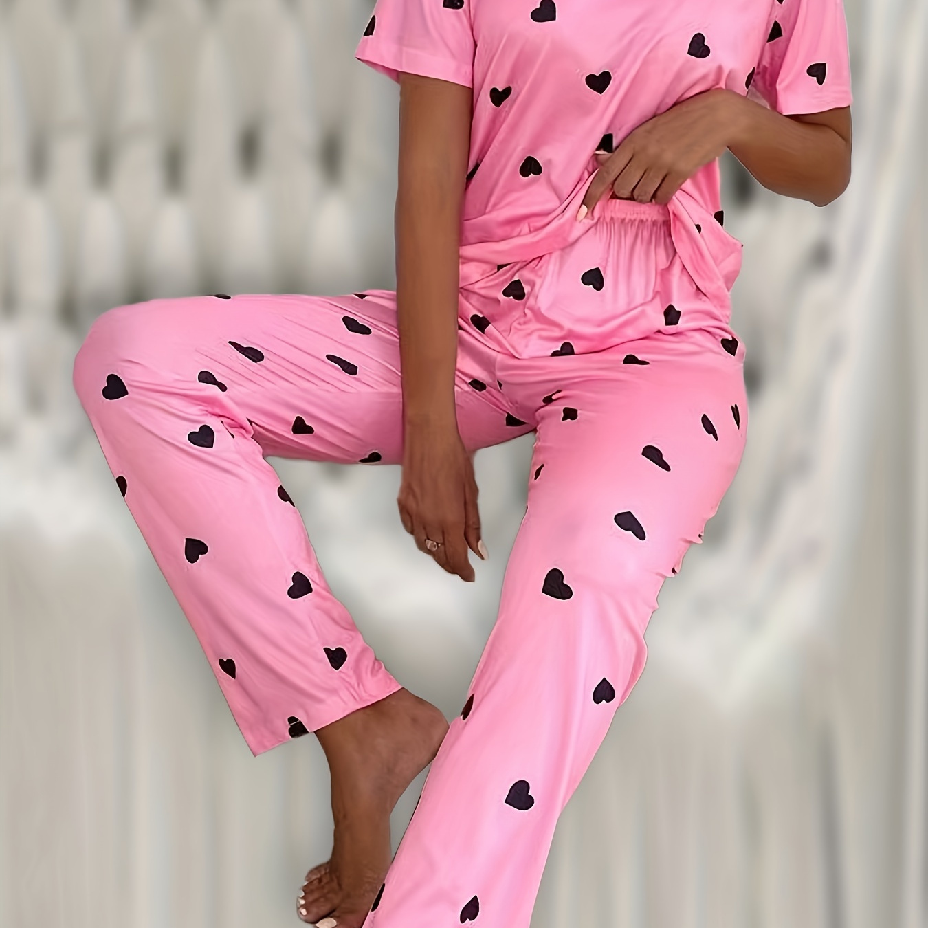 

Heart Print Pajama Set, Short Sleeve Crew Neck Top & Pants, Women's Sleepwear & Loungewear