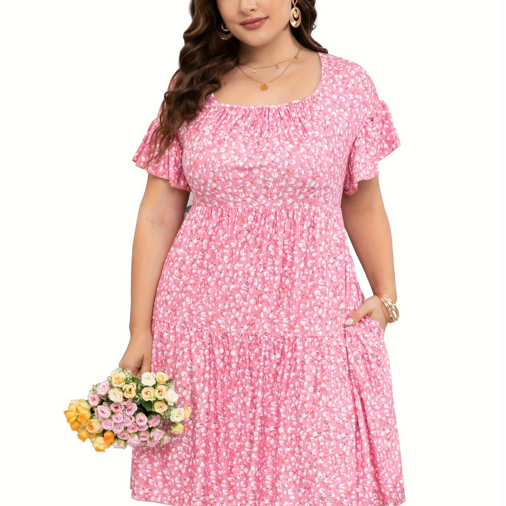 

Plus Size Floral Print Dress, Casual Square Neck Ruffle Trim Short Sleeve With Pockets Dress For Spring & Summer, Women's Plus Size Clothing