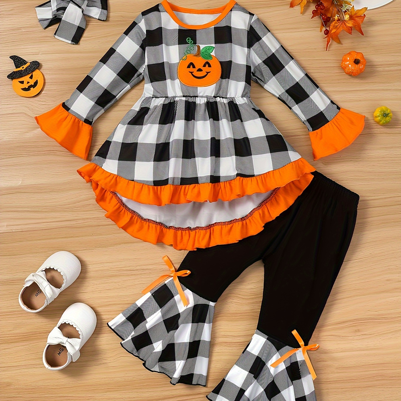 

3pcs Autumn Girl Cute Pumpkin Embroidery Waist Collection Long Sleeve Horn Sleeve Checkered Color Blocked Skirt Cedar&bow Decoration Bottom Horn Pants&headband Set