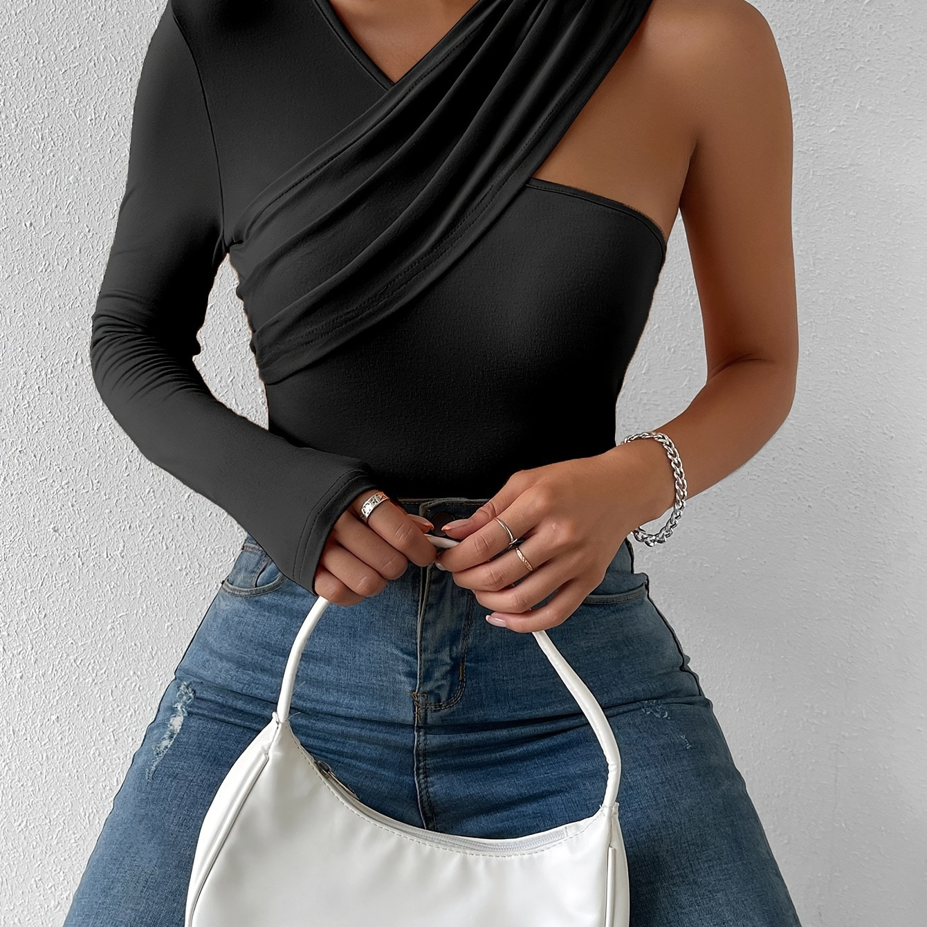 

Solid Color V-neck Asymmetrical T-shirt, Elegant Slim Simple T-shirt For Spring & Fall, Women's Clothing