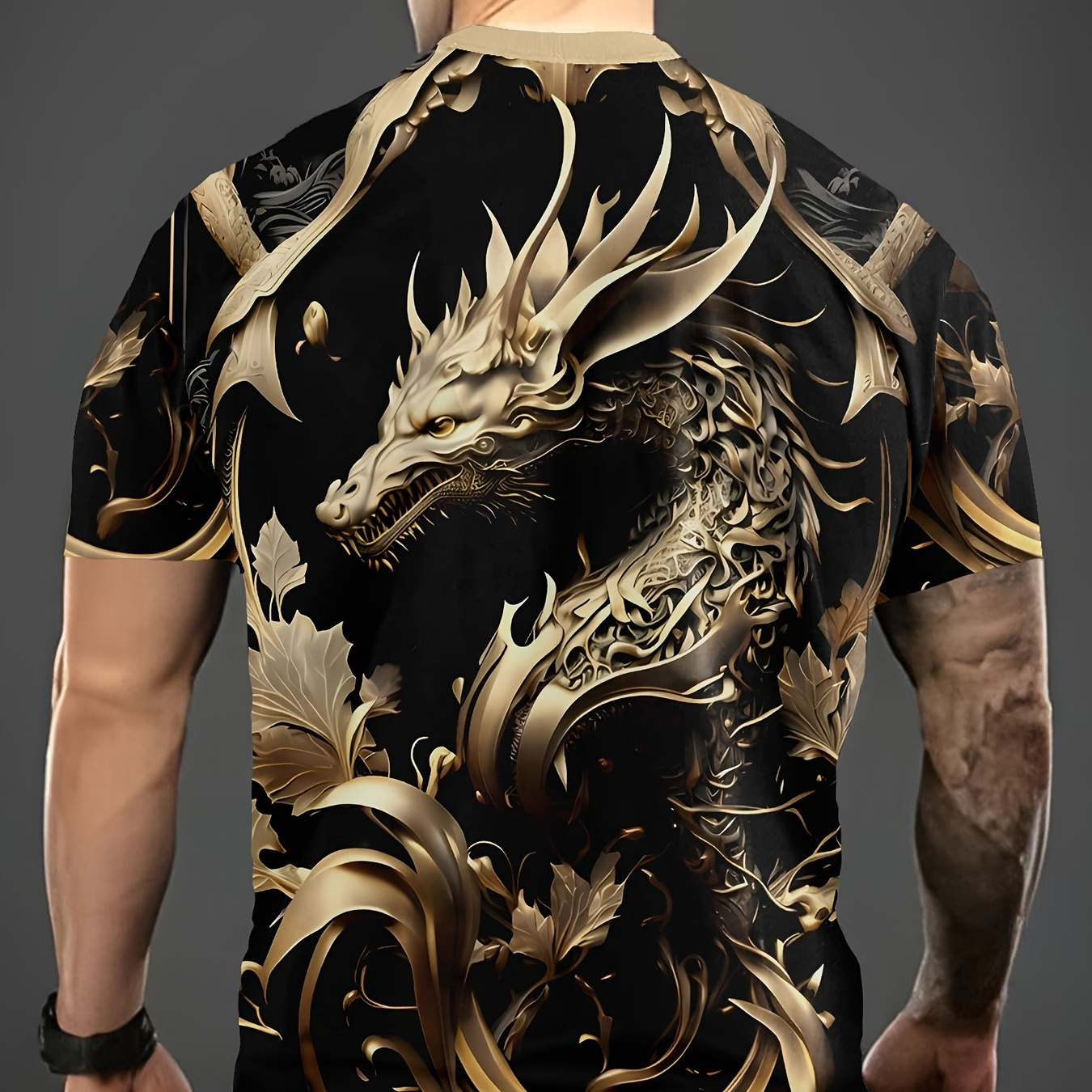 

T-shirt Imprimé Dragon Pour Hommes, Tee-shirt Décontracté À Manches Courtes Et Col Rond, Vêtements Pour Hommes Pour L'extérieur