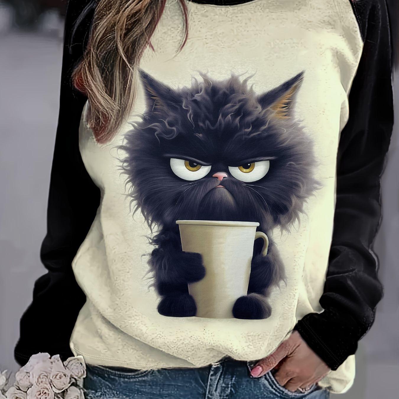 

Plus Size Cat Print Sweatshirt, Casual Long Sleeve Crew Neck Sweatshirt, Women's Plus Size Clothing