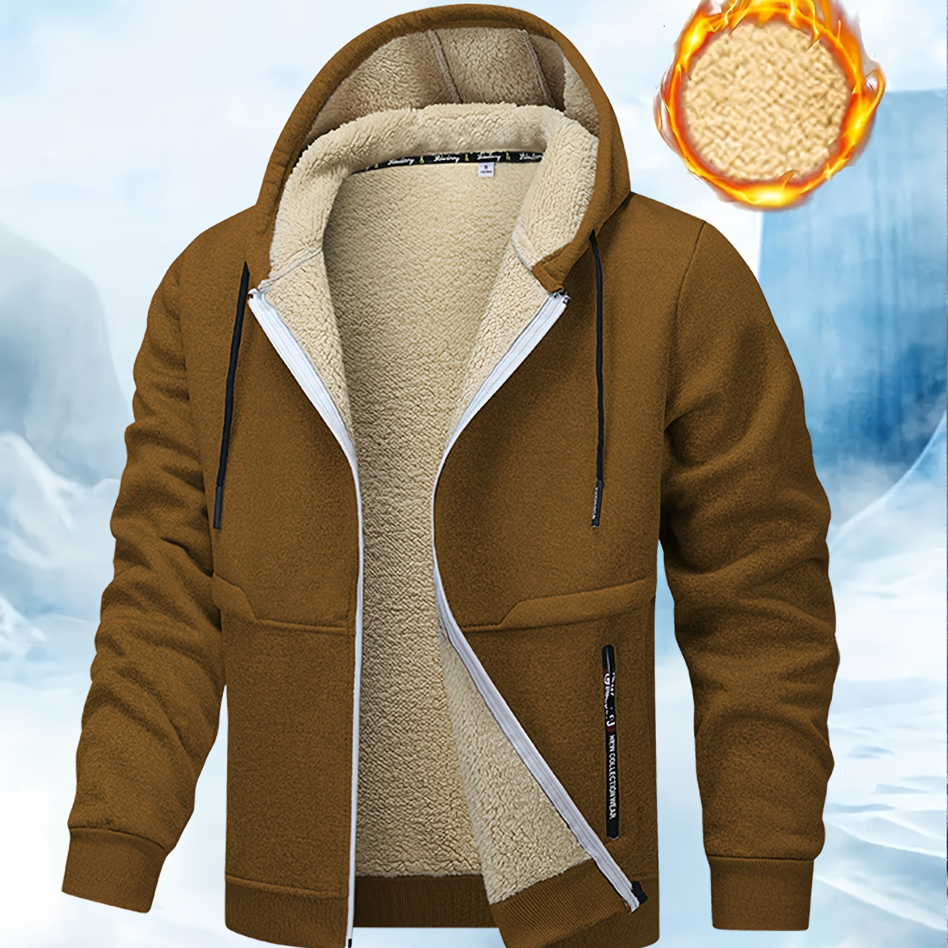 

Men's Winter Sherpa Fleece Lined Thermal Hooded Jacket With Zipper Pockets, Warm Zip-up Coat For Fall/winter