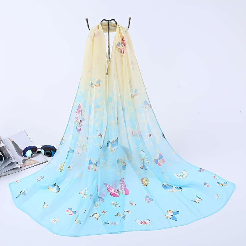 59.06"×19.69" Chiffon Silk Scarf Gradient Color Butterfly Print Headwrap Large Shawl, Elegant Summer Beach Towel Sunscreen Shawl Windproof Neck Wrap Casual Hair Accessories