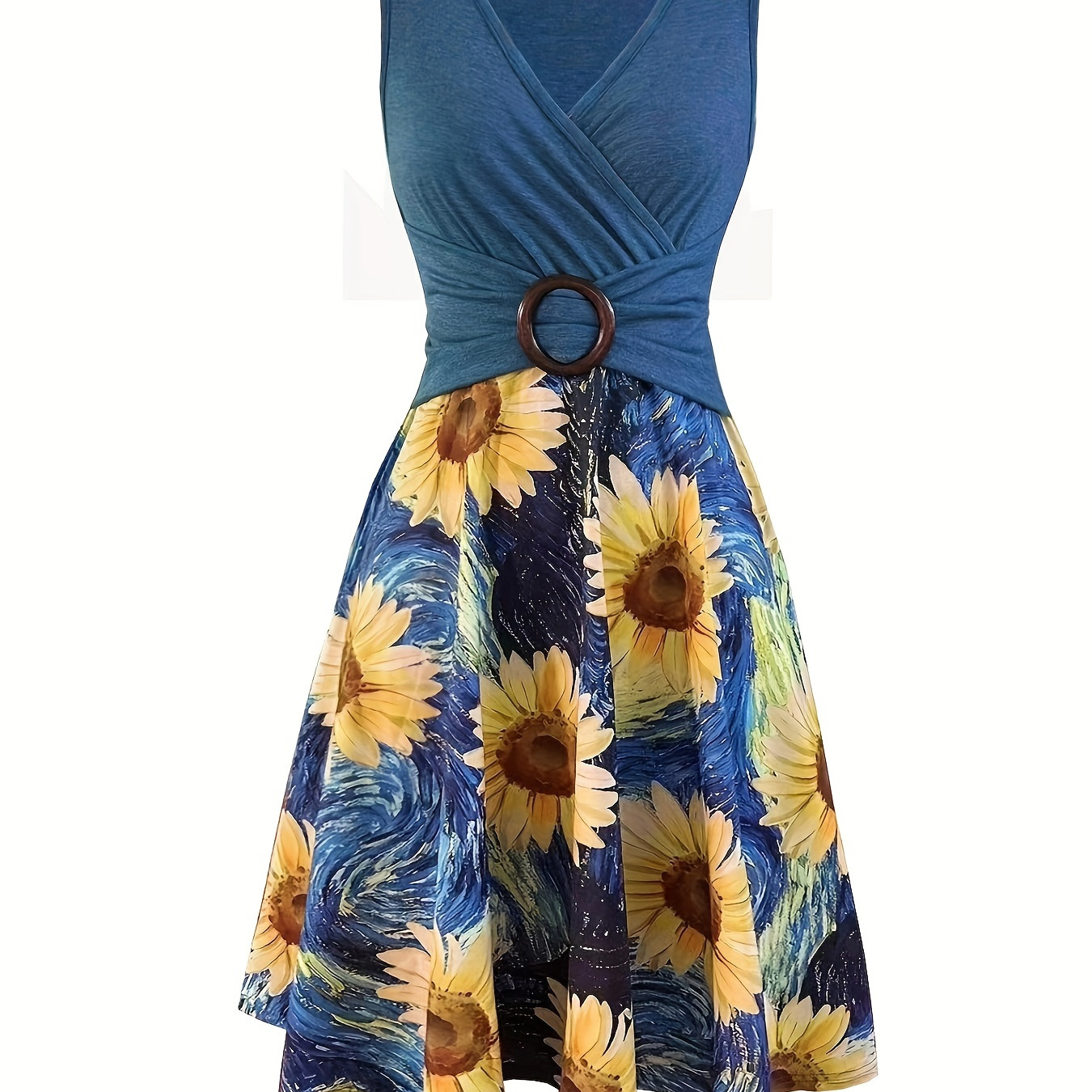 

Sunflower Print Ruched Splicing Dress, Elegant V Neck Sleeveless Tank Dress For Spring & Summer, Women's Clothing