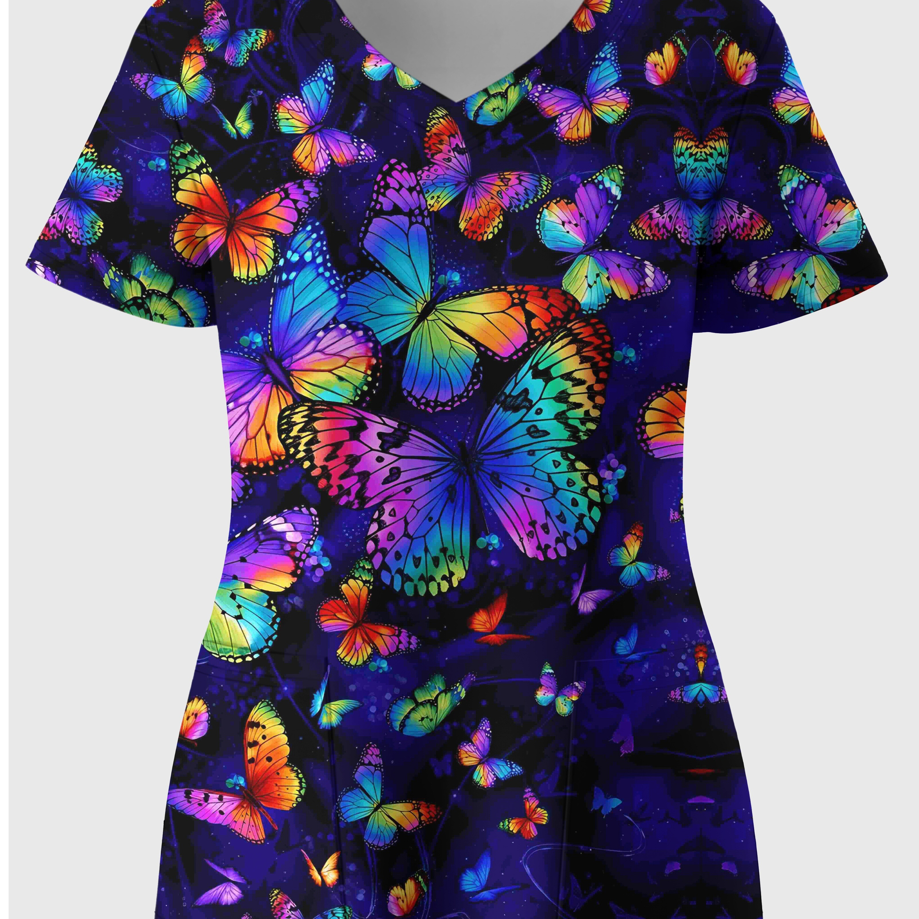 

Plus Size Butterfly Print Stretchy Dual Pockets V-neck Top, Comfortable & Functional Health Care Short Sleeve Uniform For Nurse, Women's Plus Size Clothing
