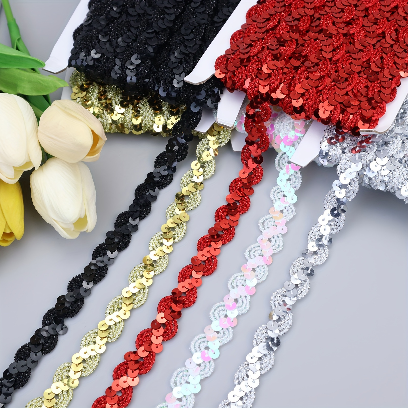 

2 Yards Sequined Glittering Trim Ribbon, Rope, Scalloped Edge Braid Trim For Sewing Diy Craft Dress Hat Bag Decoration