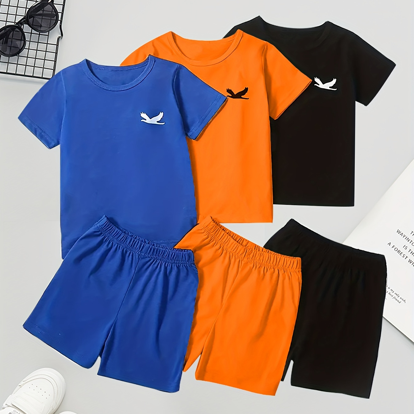 

3pcs Boys Casual Seagull Graphic Print 2pcs Set, Short Sleeve T-shirt&shorts Set, Comfy Summer Kids Clothes