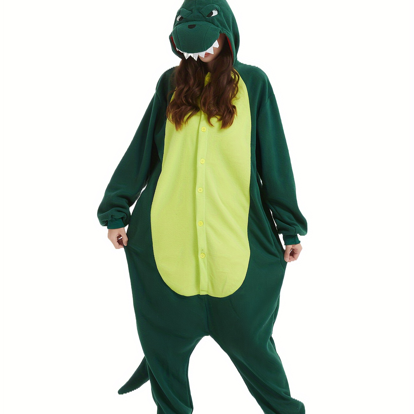 

Adult Dinosaur Onesie Costume, Fleece Knit Fabric, Long Sleeve Hooded Jumpsuit, Solid Color Party Wear, Fall/winter Season, Button Detail, 100% Polyester, Cosplay Animal Sleepwear For Women And Men