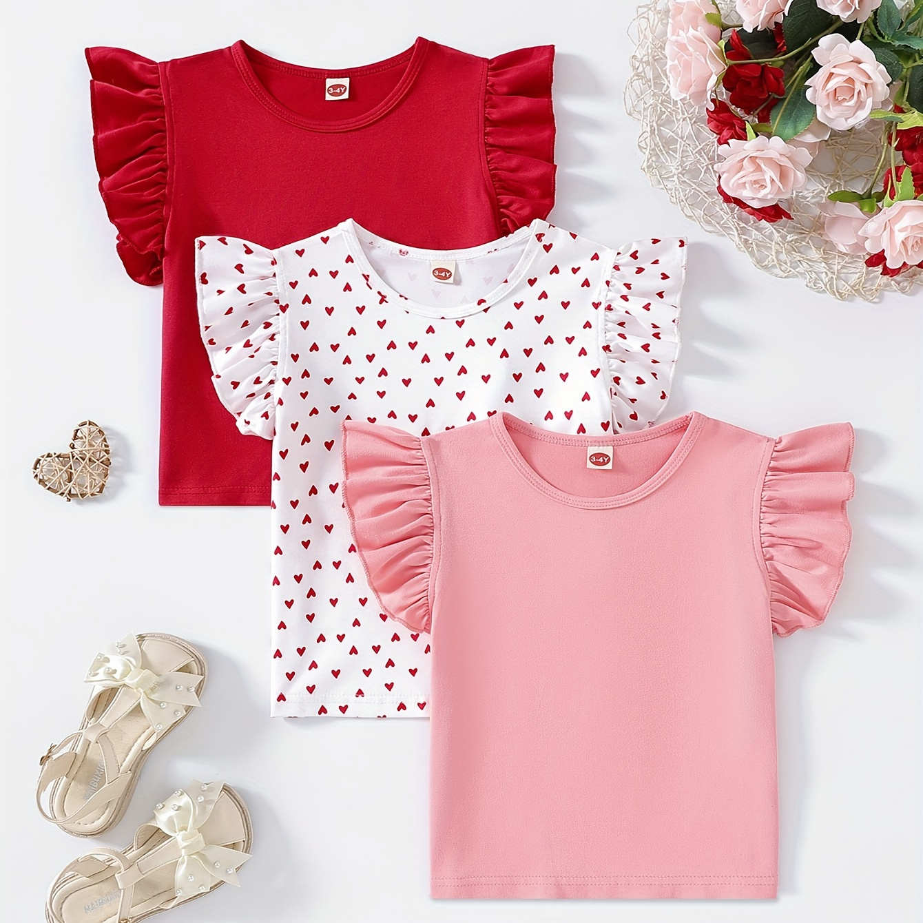

Trendy 3pcs Girls Heart Graphic Flutter Trim T-shirt Set Solid Tees Summer Gift Valentine's Day