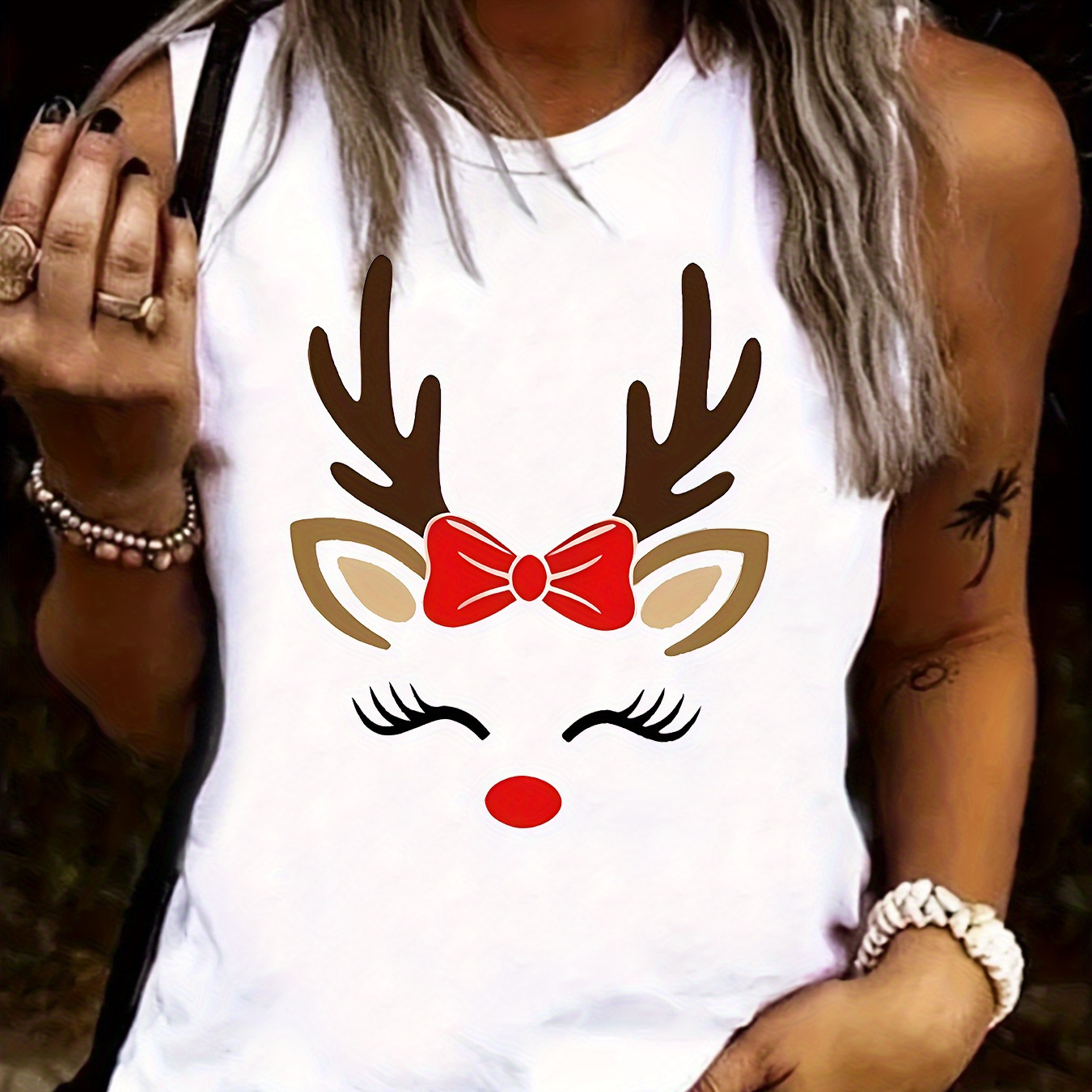 

Christmas Reindeer Print Top - Stretchy, Non-see-through Fabric, Machine Washable - Women' Sleeveless Tee For & Sports