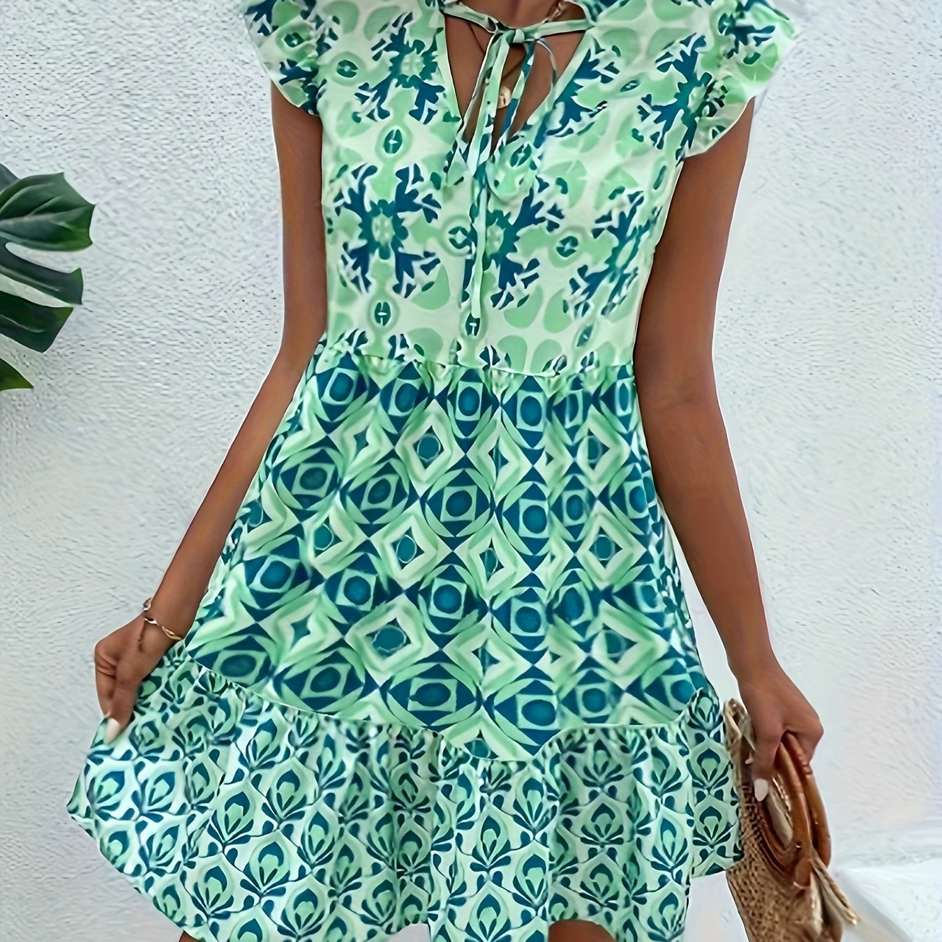 

Allover Print Tied V Neck Dress, Vacation Flutter Sleeve Dress For Spring & Summer, Women's Clothing