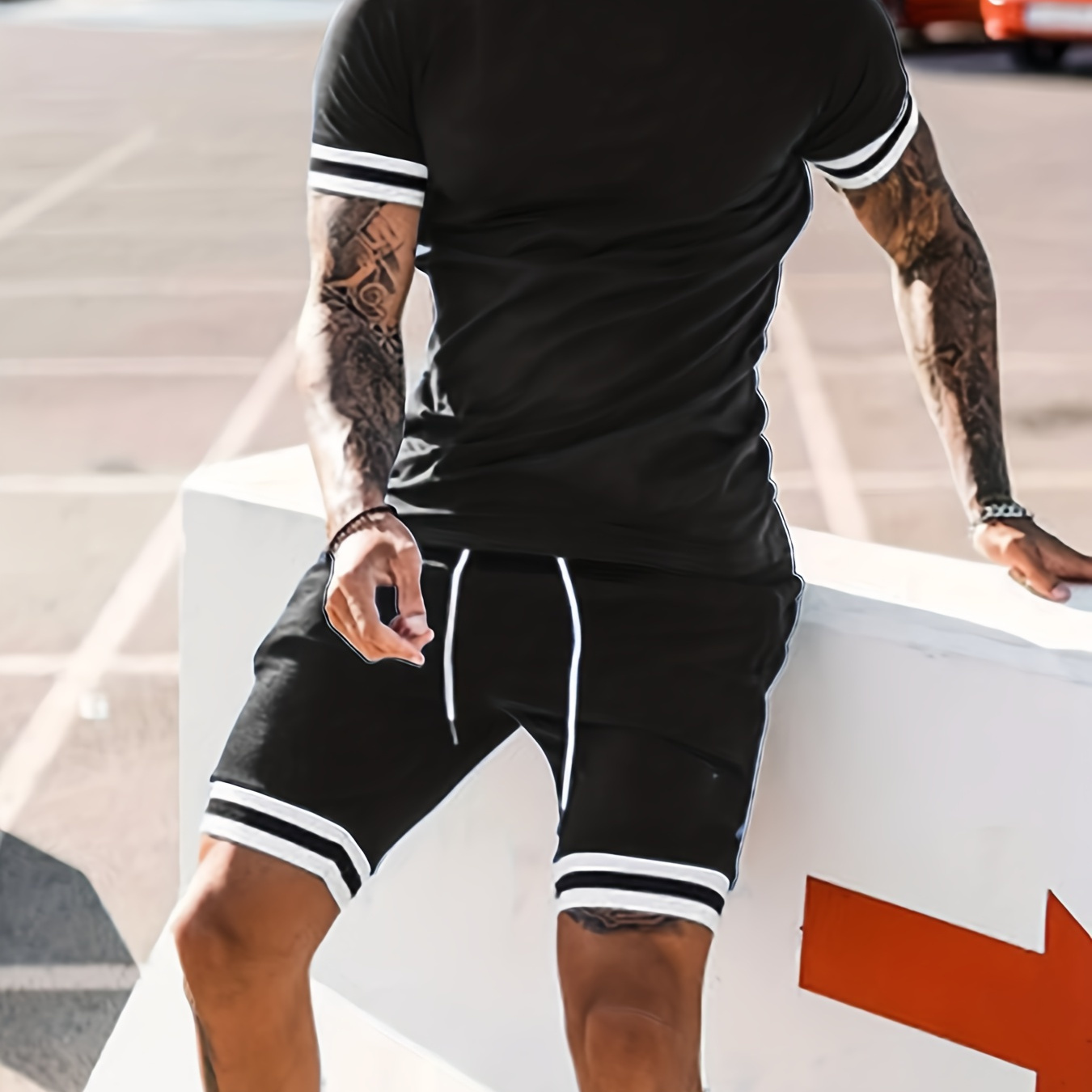 Plus Size Mature Slim Set For Men, Fashion Contrast Color Short-sleeve Tees Shorts Set For Summer, 2Pcs Outfits