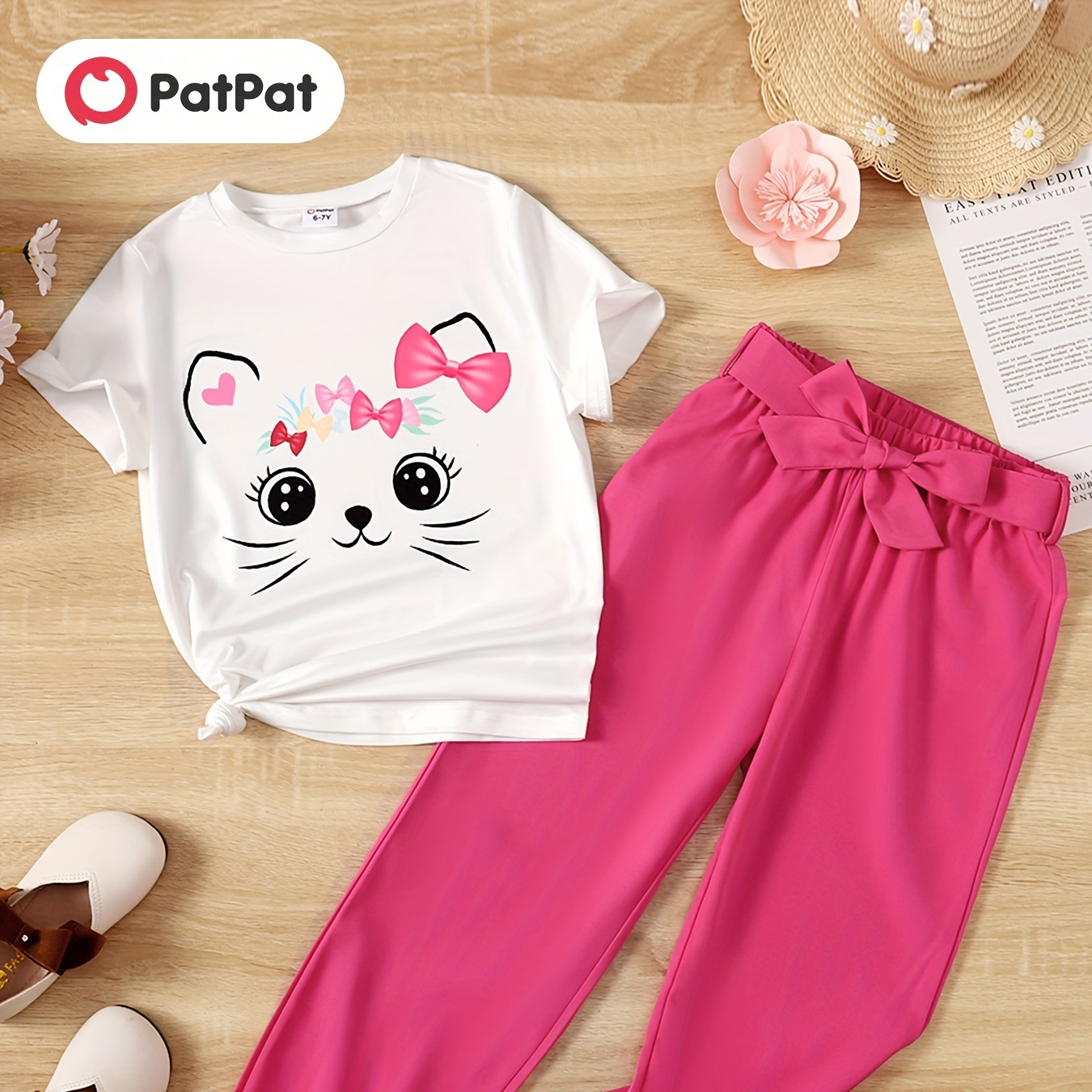 

Patpat 2pcs Kid Girl Cute Cat Print Round Neck Short-sleeve Tee And Belted Jogger Pants Set For Spring & Autumn/fall
