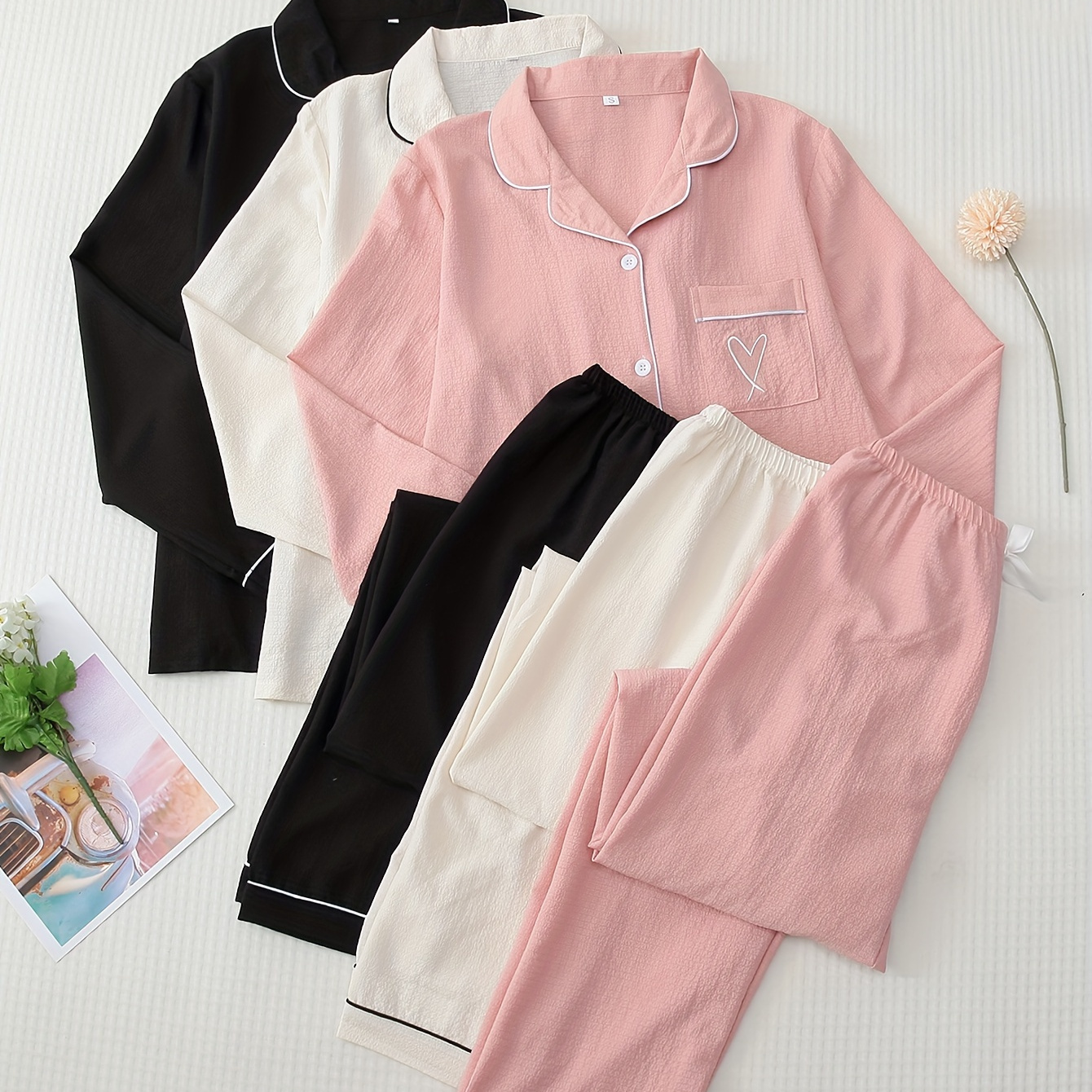 

3 Sets Heart Print Pajama Set, Long Sleeve Buttons Top & Elastic Waistband Pants, Women's Sleepwear & Loungewear For Fall
