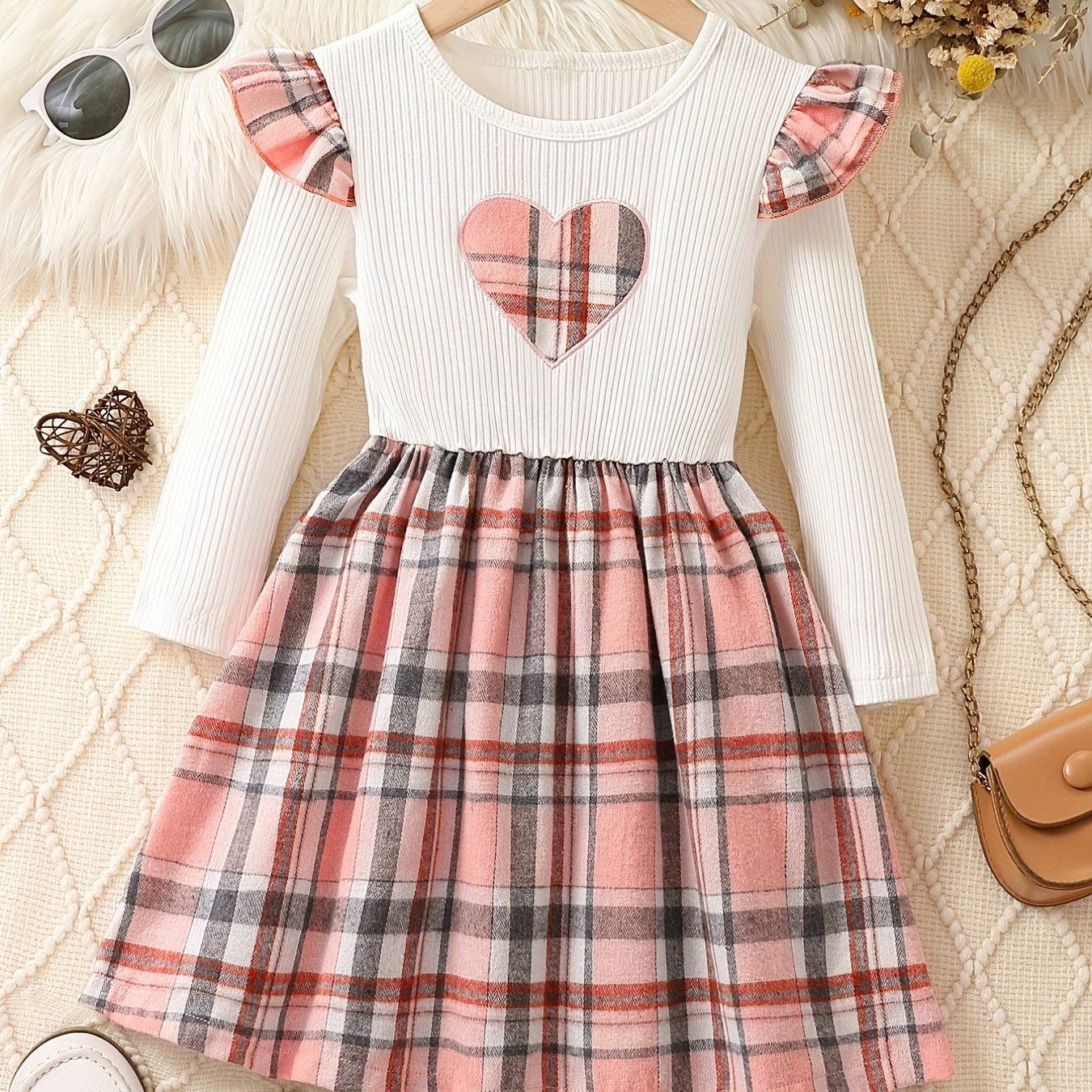

Girls' Plaid Heart Embroidered Long Sleeve Dress For Spring And Autumn