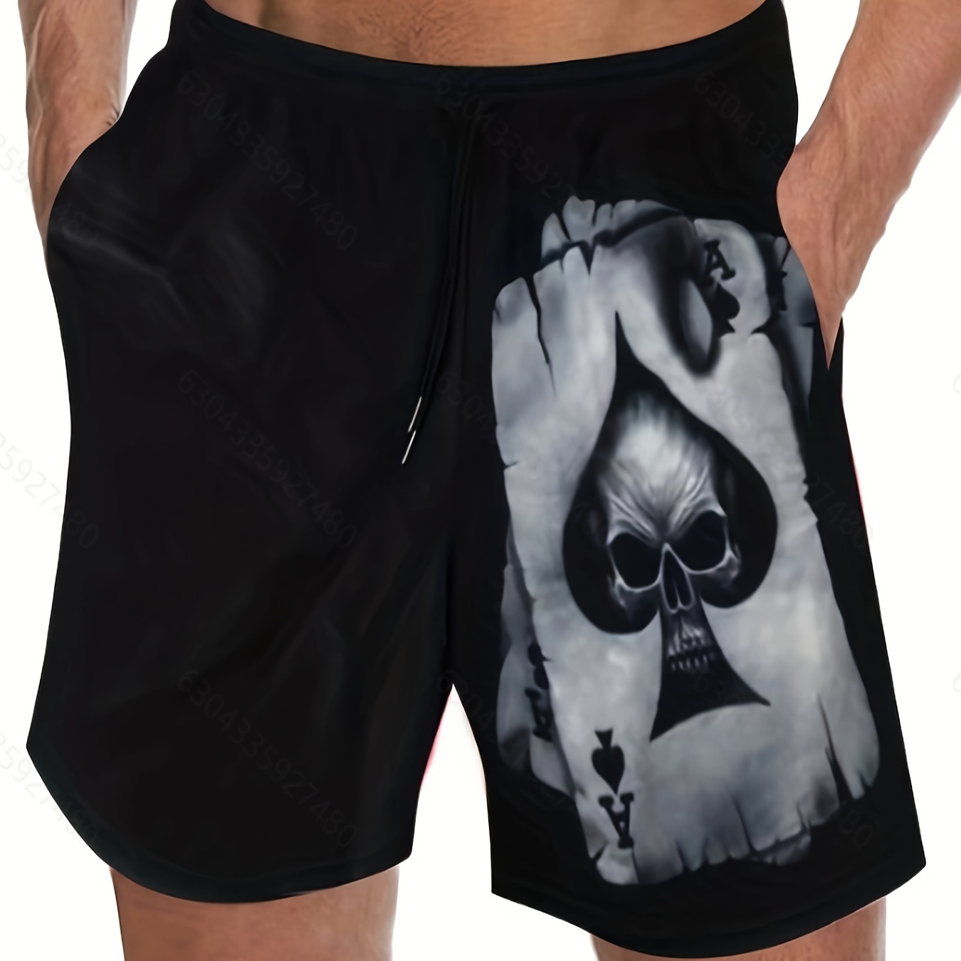 Plus Size Men's Casual "Black Spades" Print Beach Shorts, Drawstring Sports Shorts Surfing Swimming Swimwear For Summer