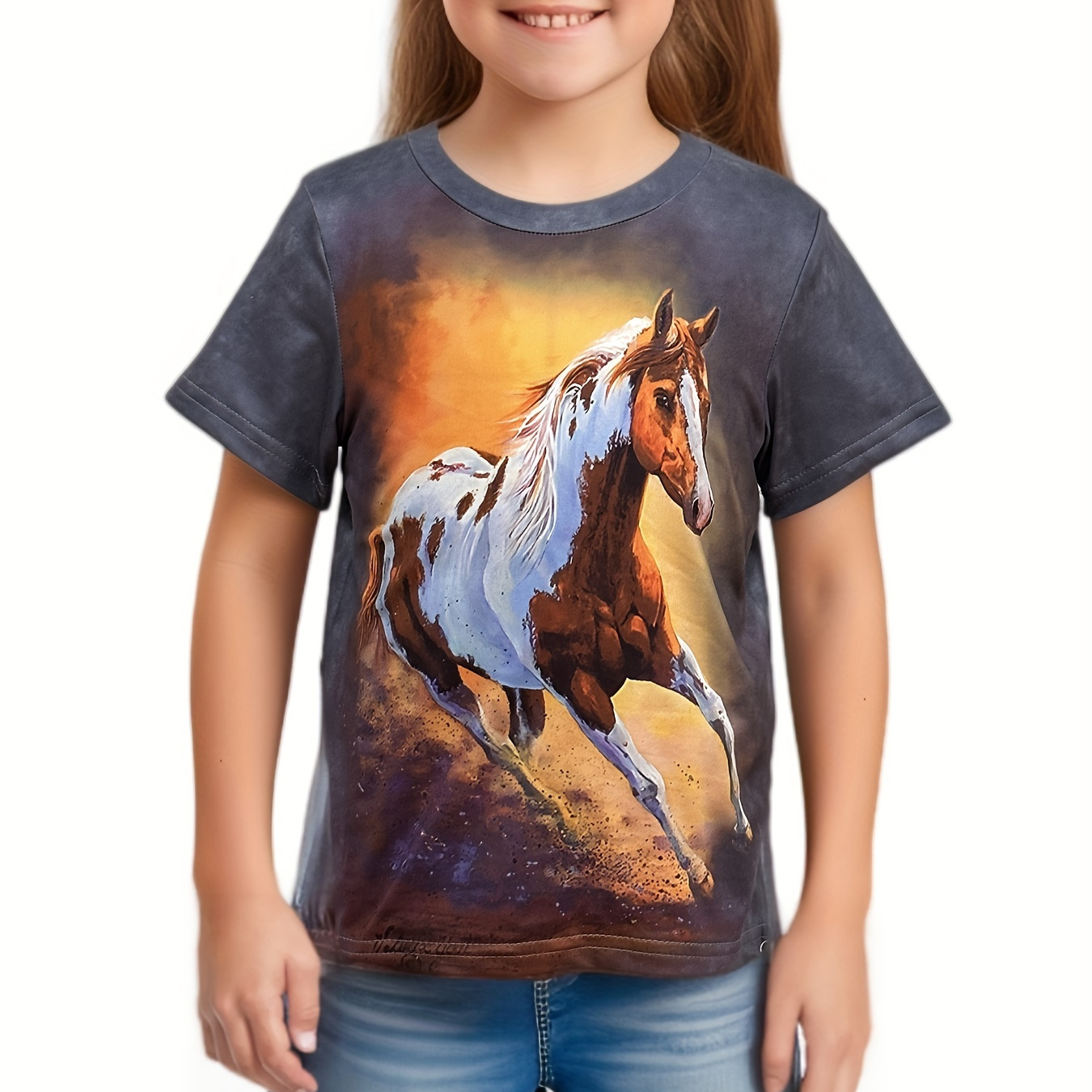 

Girls/boys Dreamy Cartoon Horse Print Short Sleeve T-shirt 3d Print Tees Summer Gift