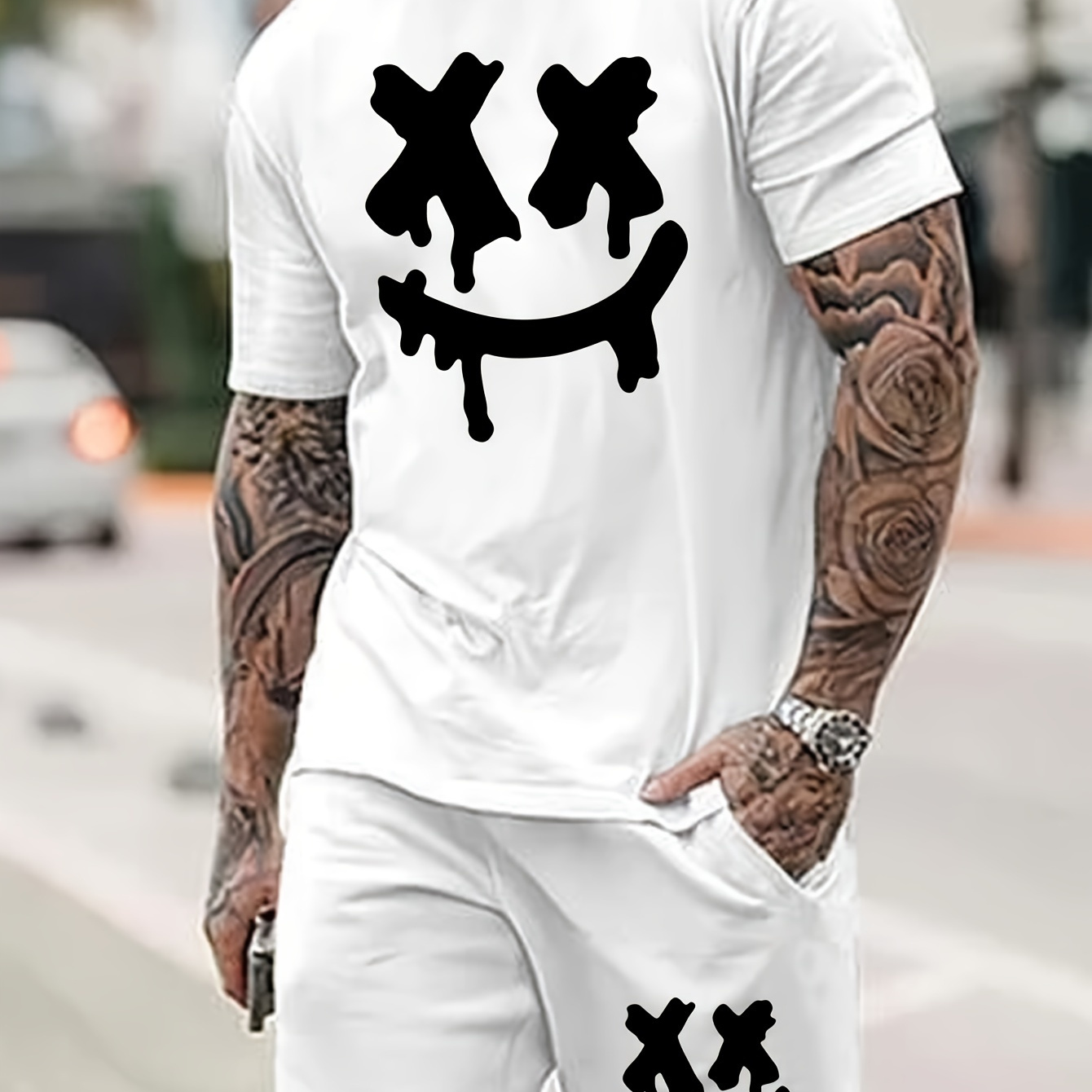 

Cross Eyes Smile Face Print, Men's 2pcs Outfits, Casual Crew Neck Short Sleeve T-shirt And Drawstring Shorts Set For Summer, Men's Clothing For Daily Vacation Resorts