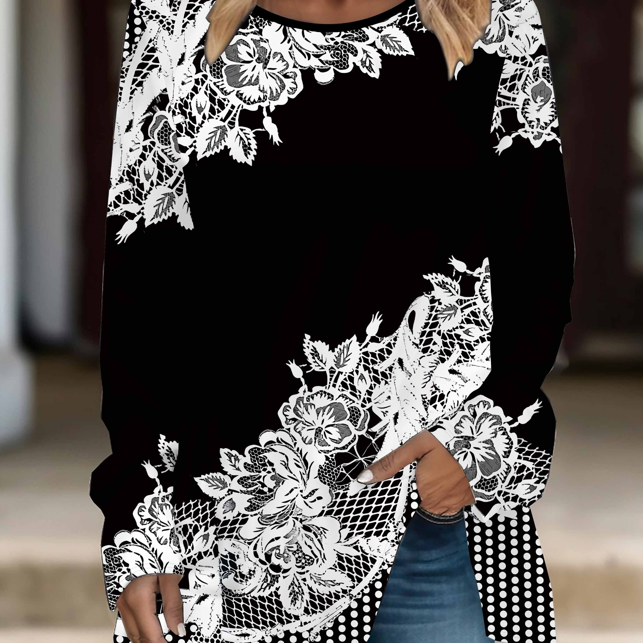 

Women's Plus Size Floral Print Long Sleeve T-shirt - Crew Neck, Stretchy & Machine Washable, Spring & Fall