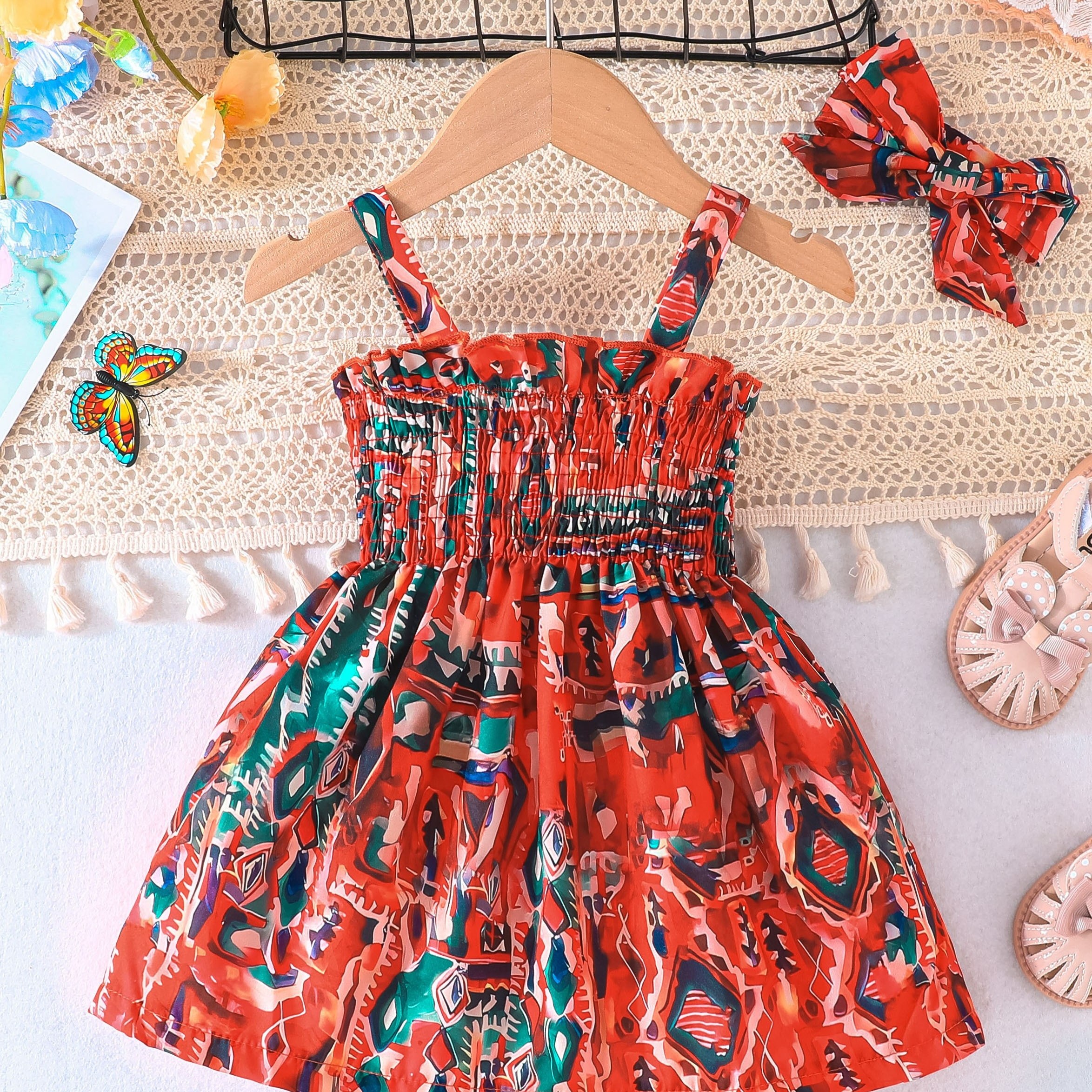 

Infant & Toddler's Boho Style Geometric Pattern Dress, Casual Shirred Cami Dress, Baby Girl's Clothing For Summer