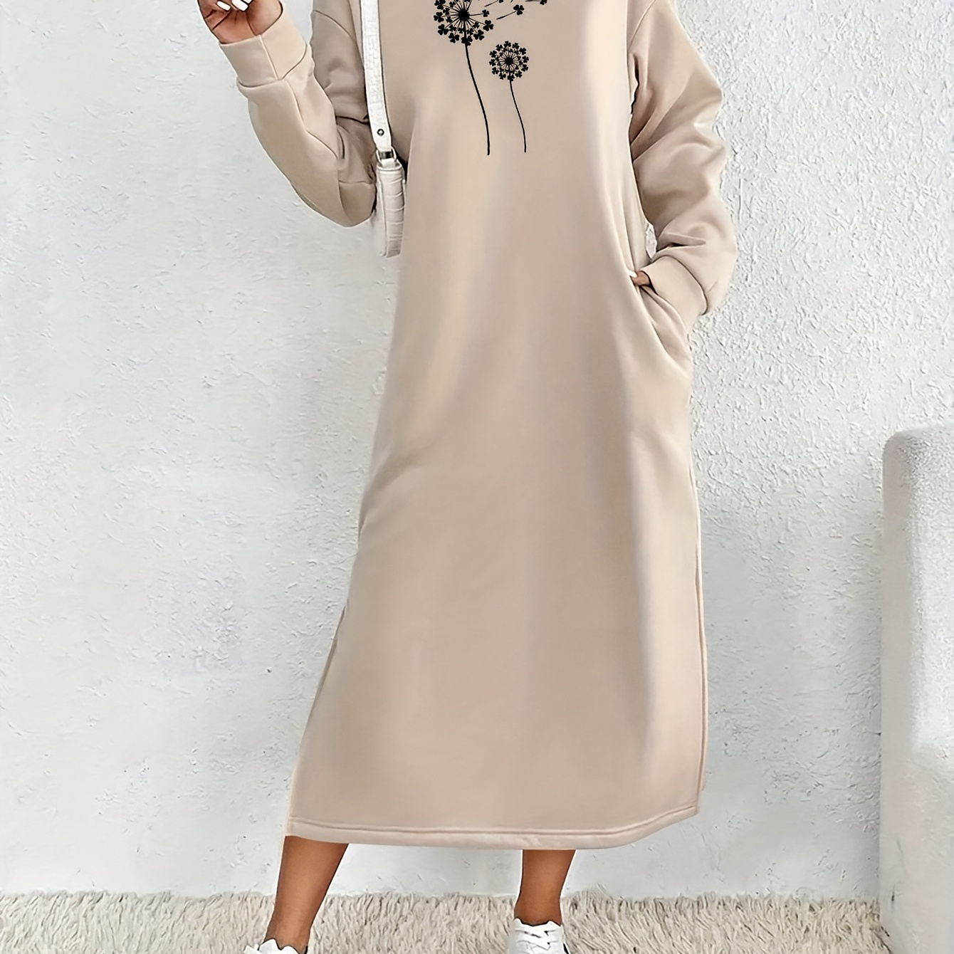 

Women's Casual Long Sleeve Hooded Sweatshirt Dress, Alphabet Applique, Polyester 95% Spandex 5% Knit Fabric, Fashion, Regular Sleeve, No Belt, Long Length - European And