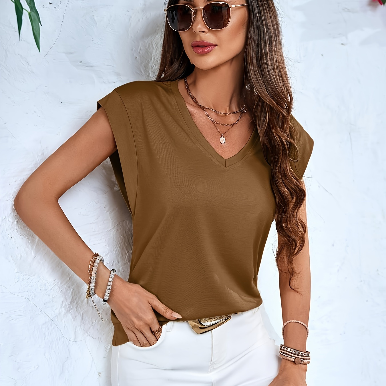 

Women's V-neck Hooded Sleeve Top Fashionable Summer And Autumn -shirt Casual Vest Solid Color 2024