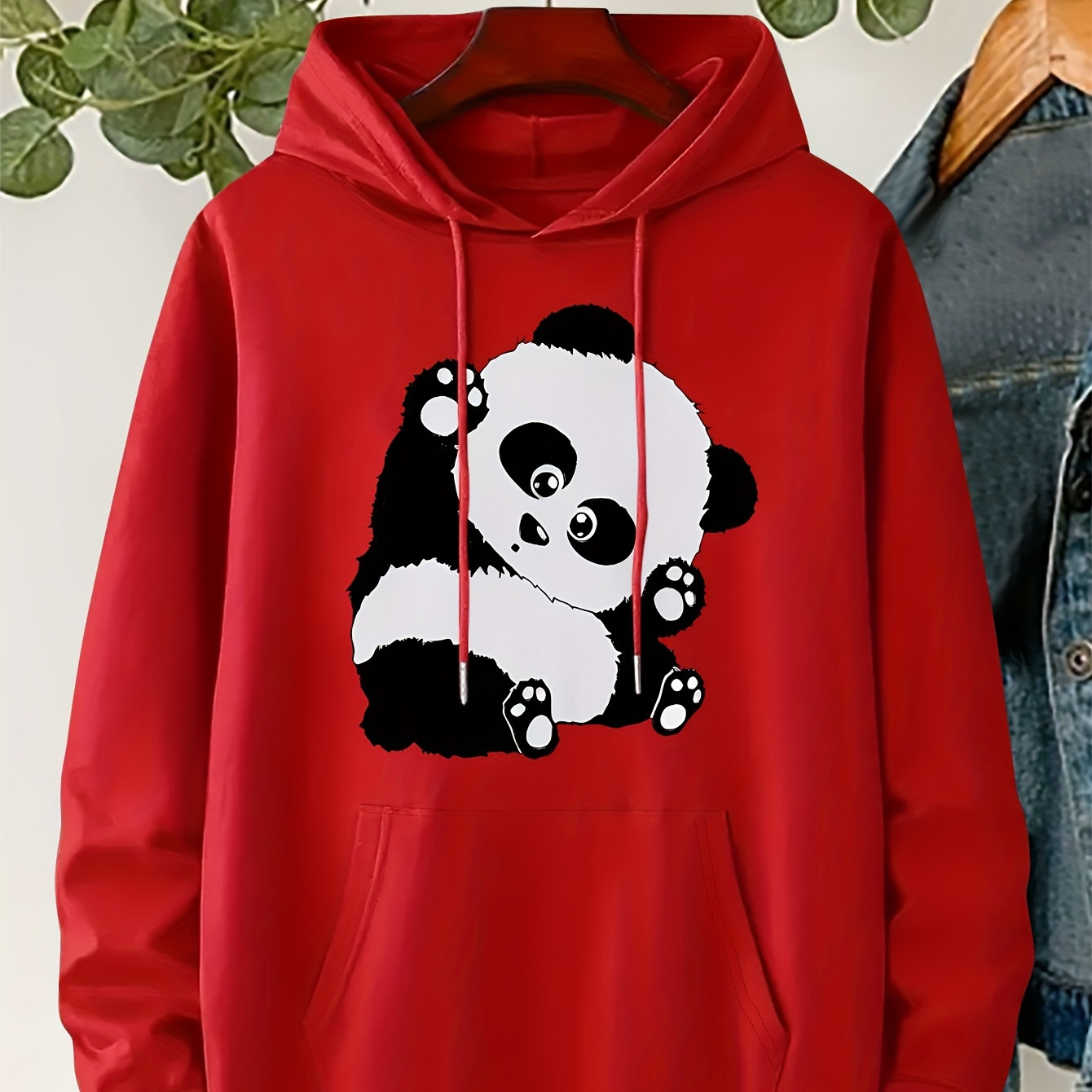 

Plus Size Panda Print Hoodie, Casual Kangaroo Pocket Drawstring Long Sleeve Hooded Sweatshirt, Women's Plus Size Clothing