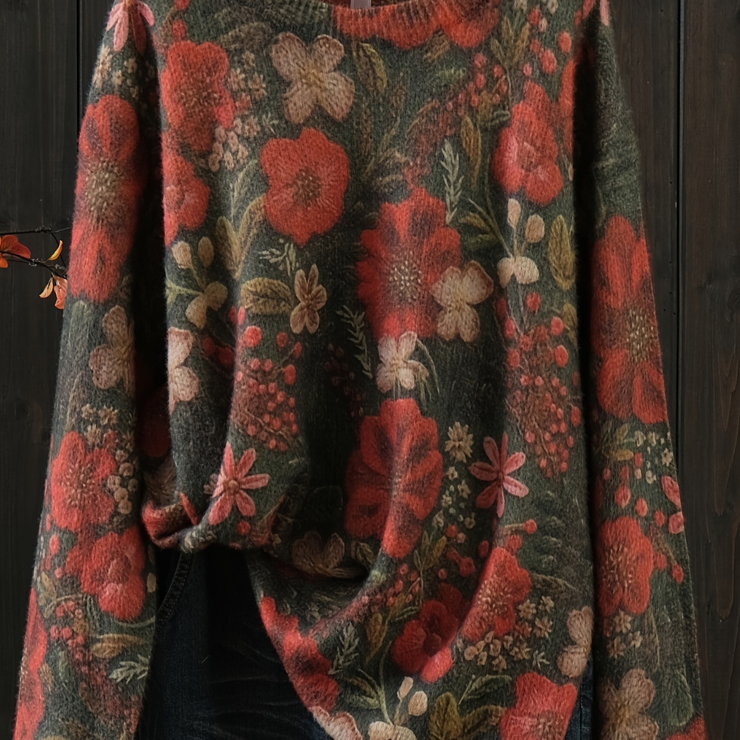 

Plus Size Floral Pattern Sweater, Casual Long Sleeve Crew Neck Sweater For Fall & Winter, Women's Plus Size clothing