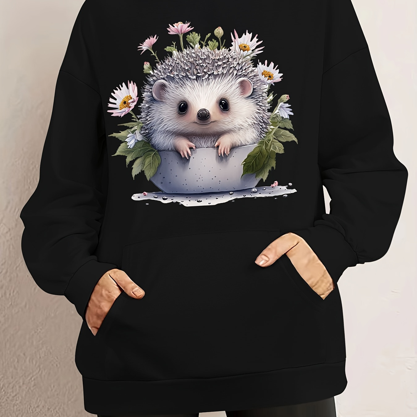 

Chic Hoodie Imprimé Hérisson pour Femme avec Poches - Pull Décontracté à Manches Longues, Lavable en Machine, Mode Printemps/Automne