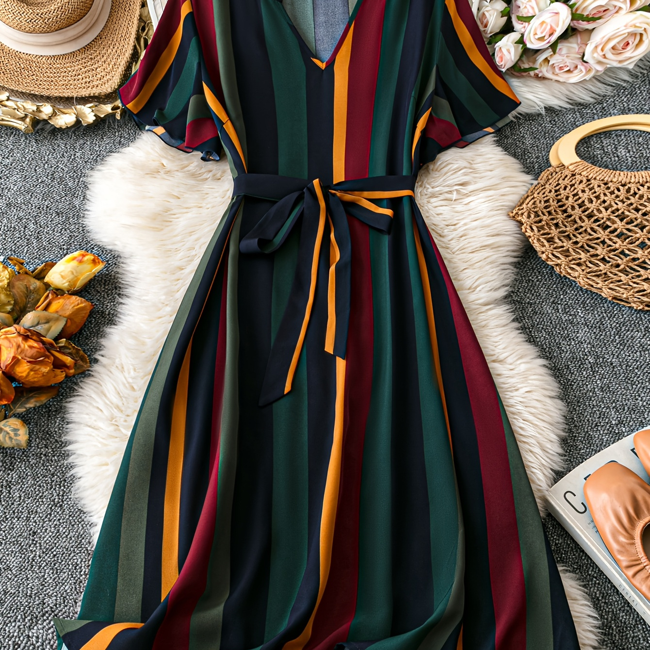 Vestido feminino com decote em V e listras com cinto, poliéster 95% elastano 5%, leve estiramento, vestido ajustado de tecido primavera/outono