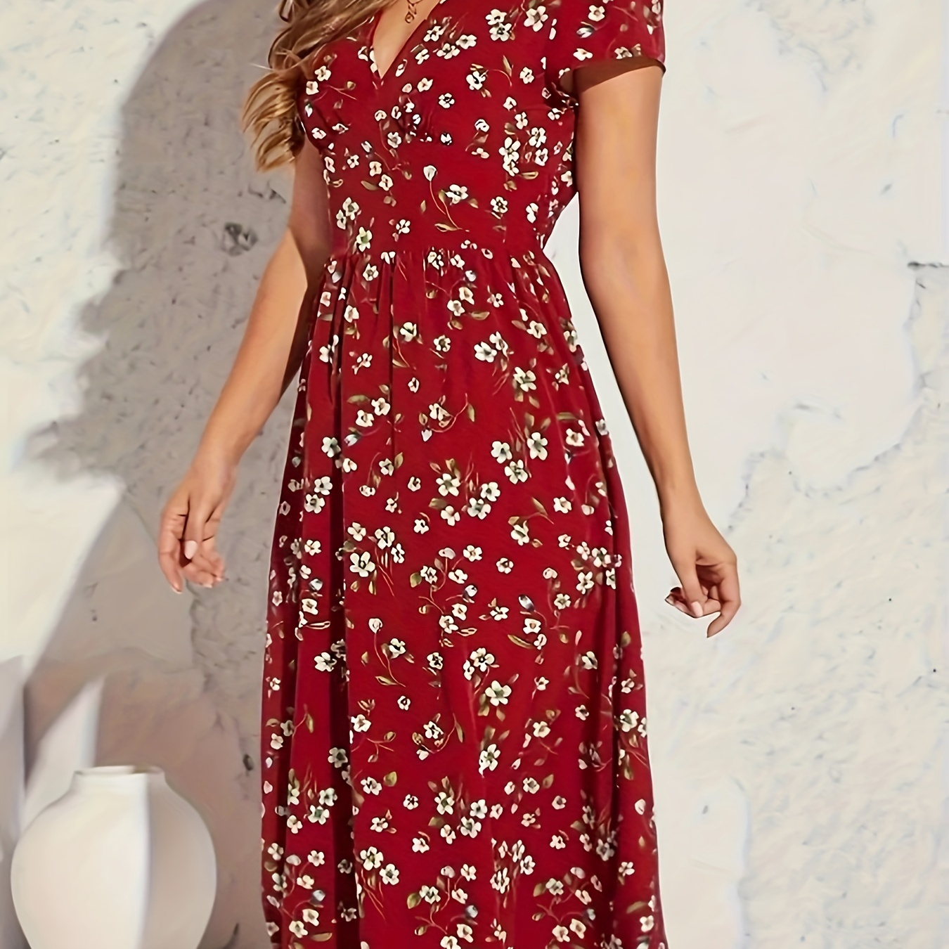 

Floral Print V-neck Dress, Casual Cap Sleeve Midi Dress For Spring & Summer, Women's Clothing