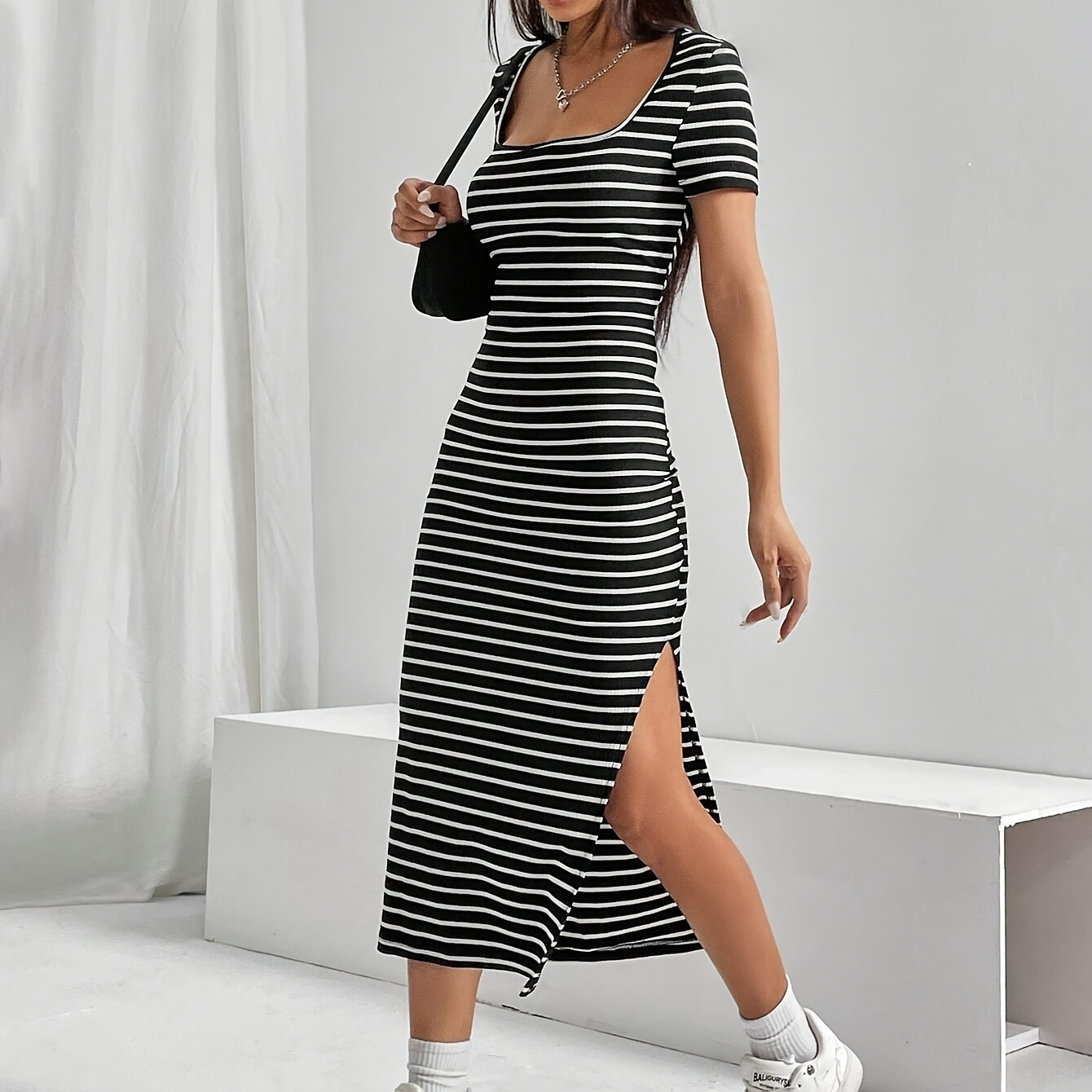 

Striped Pattern Square Neck Dress, Casual Short Sleeve Bodycon Split Dress For Spring & Summer, Women's Clothing