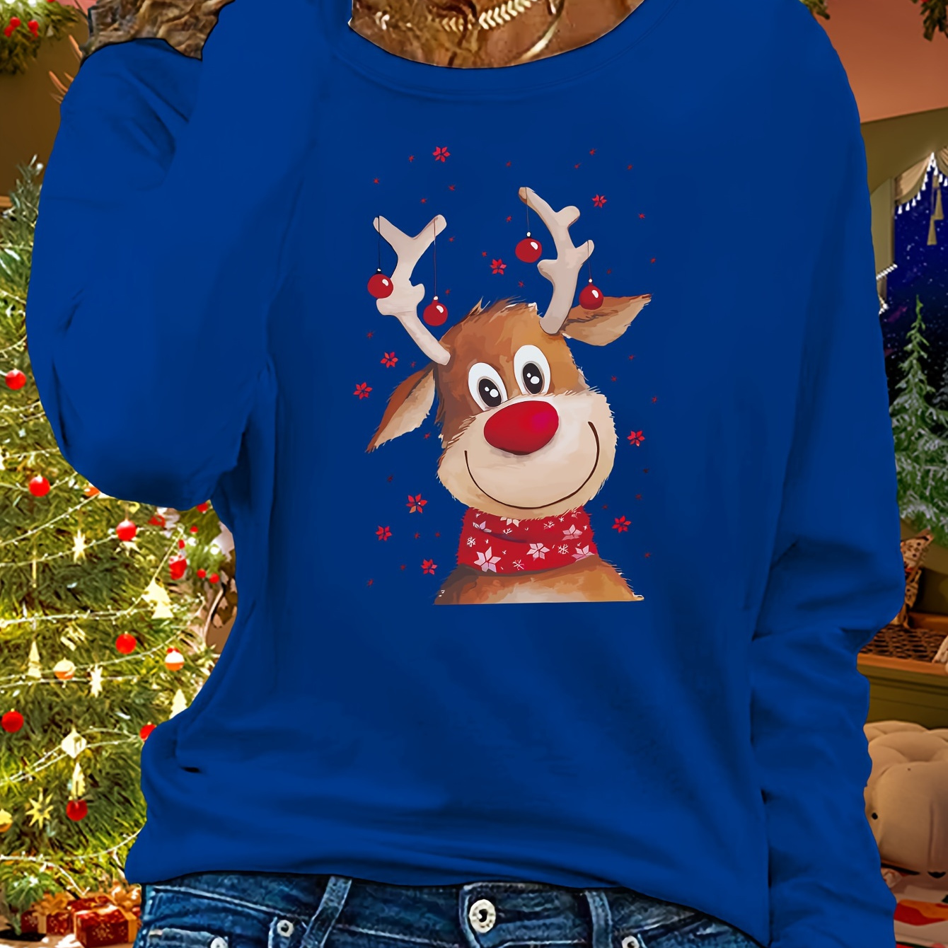 

Women's Long Sleeve Christmas Reindeer Print T-shirt, Casual Round Neck Pullover, Polyester Knit Fabric, Regular Fit, Festive Holiday Top For Autumn