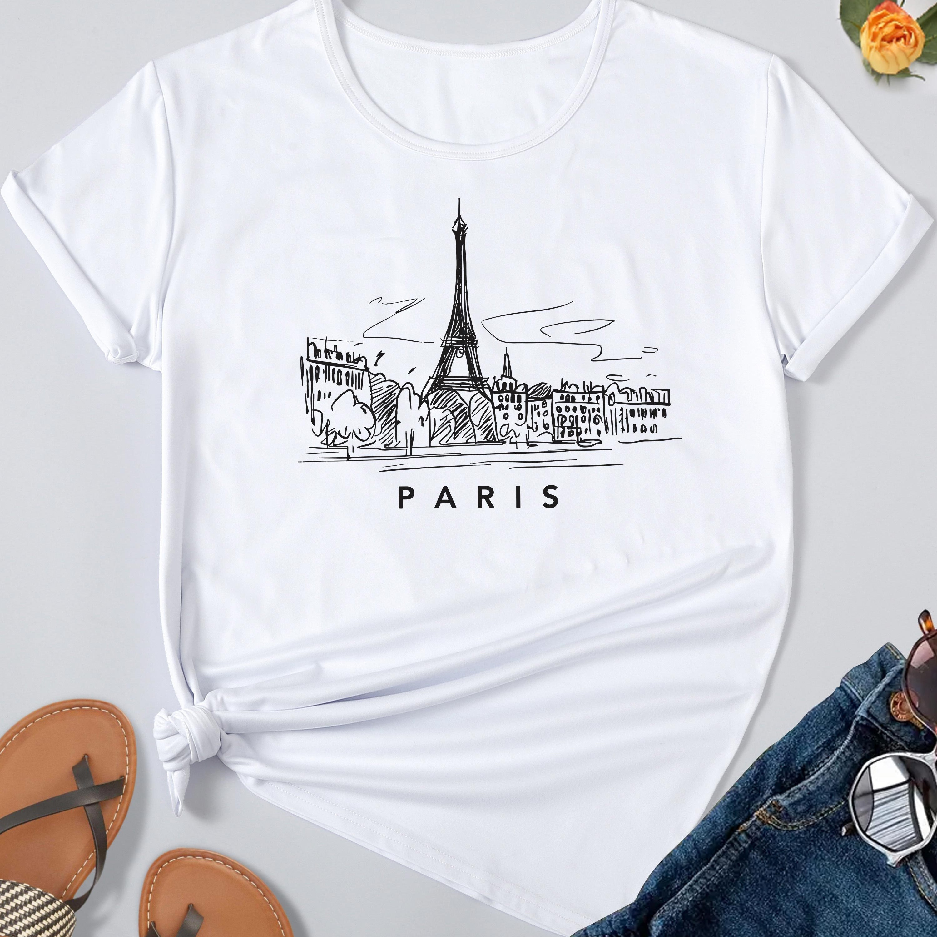 

Eiffel Tower Print T-shirt, Casual Crew Neck Short Sleeve Top For Spring & Summer, Women's Clothing