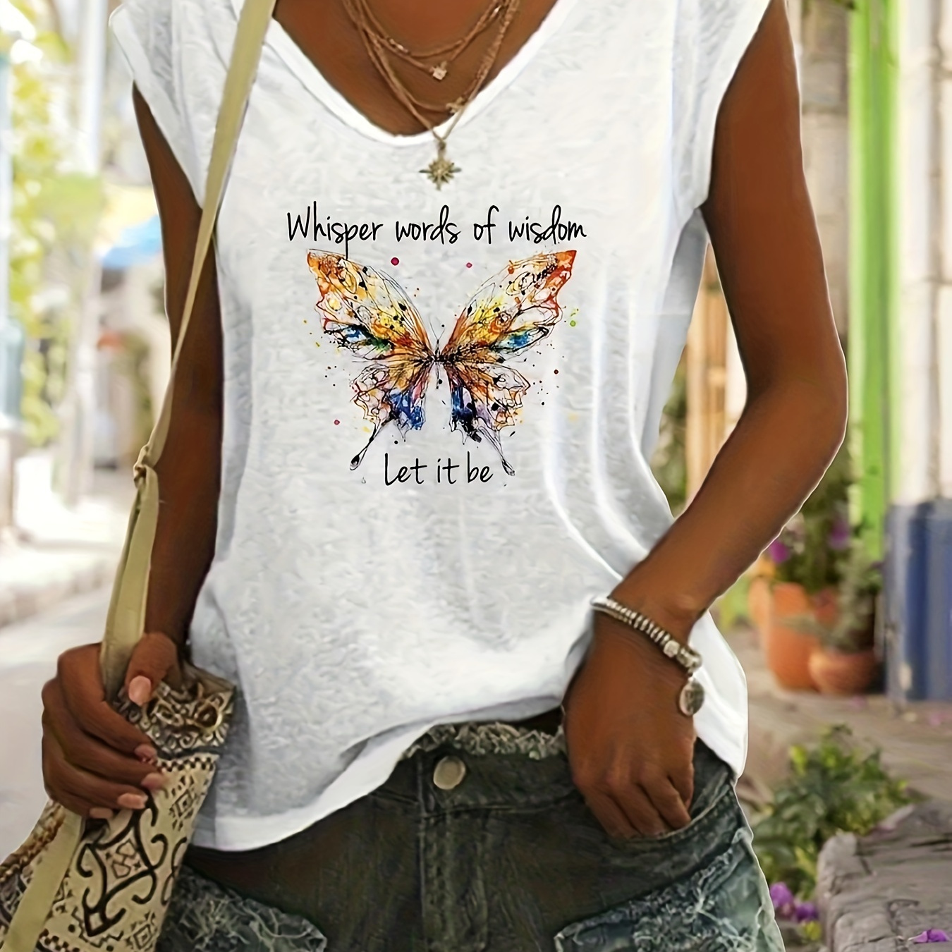 

Butterfly Print V Neck T-shirt, Casual Cap Sleeve T-shirt For Spring & Summer, Women's Clothing