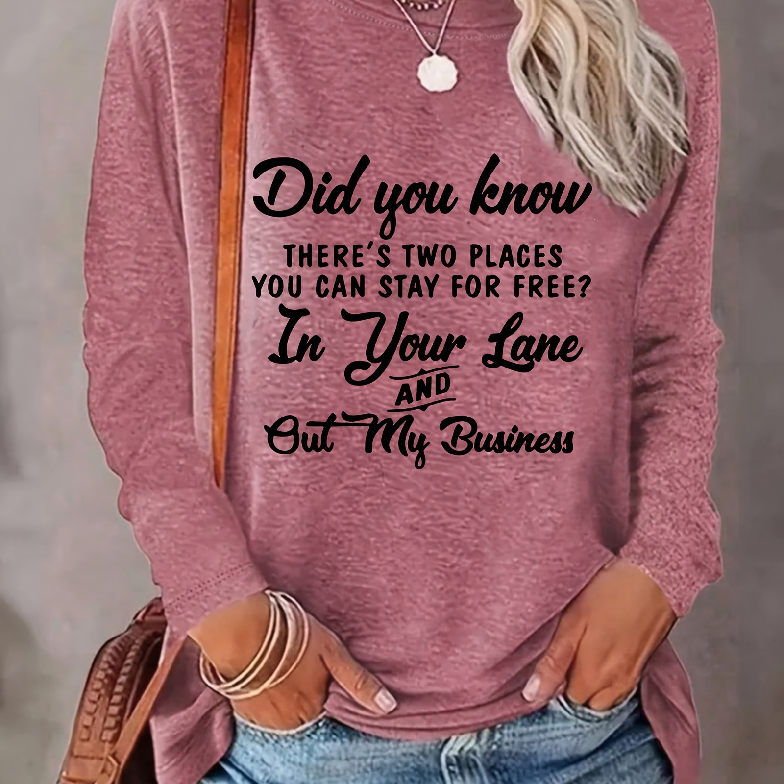 

Letter Print T-shirt, Long Sleeve Crew Neck Casual Top For Spring & Fall, Women's Clothing