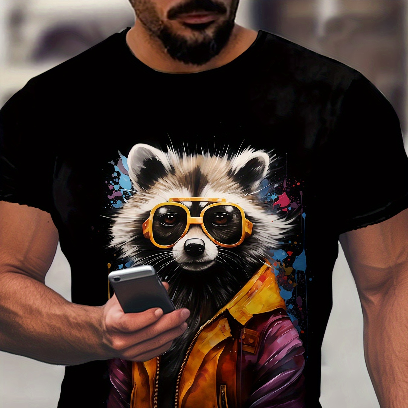 

Men's Stylish Raccoon Pattern Crew Neck T-shirt, Casual Comfy Tees Tshirts For Summer, Men's Clothing