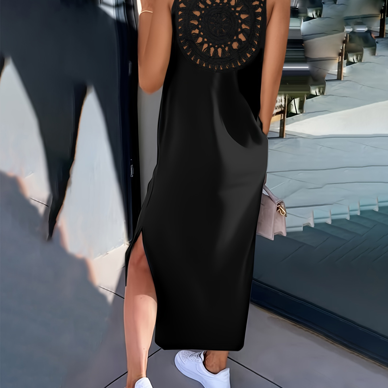 

Hollow Out Crew Neck Tank Dress, Elegant Sleeveless Dress For Spring & Summer, Women's Clothing